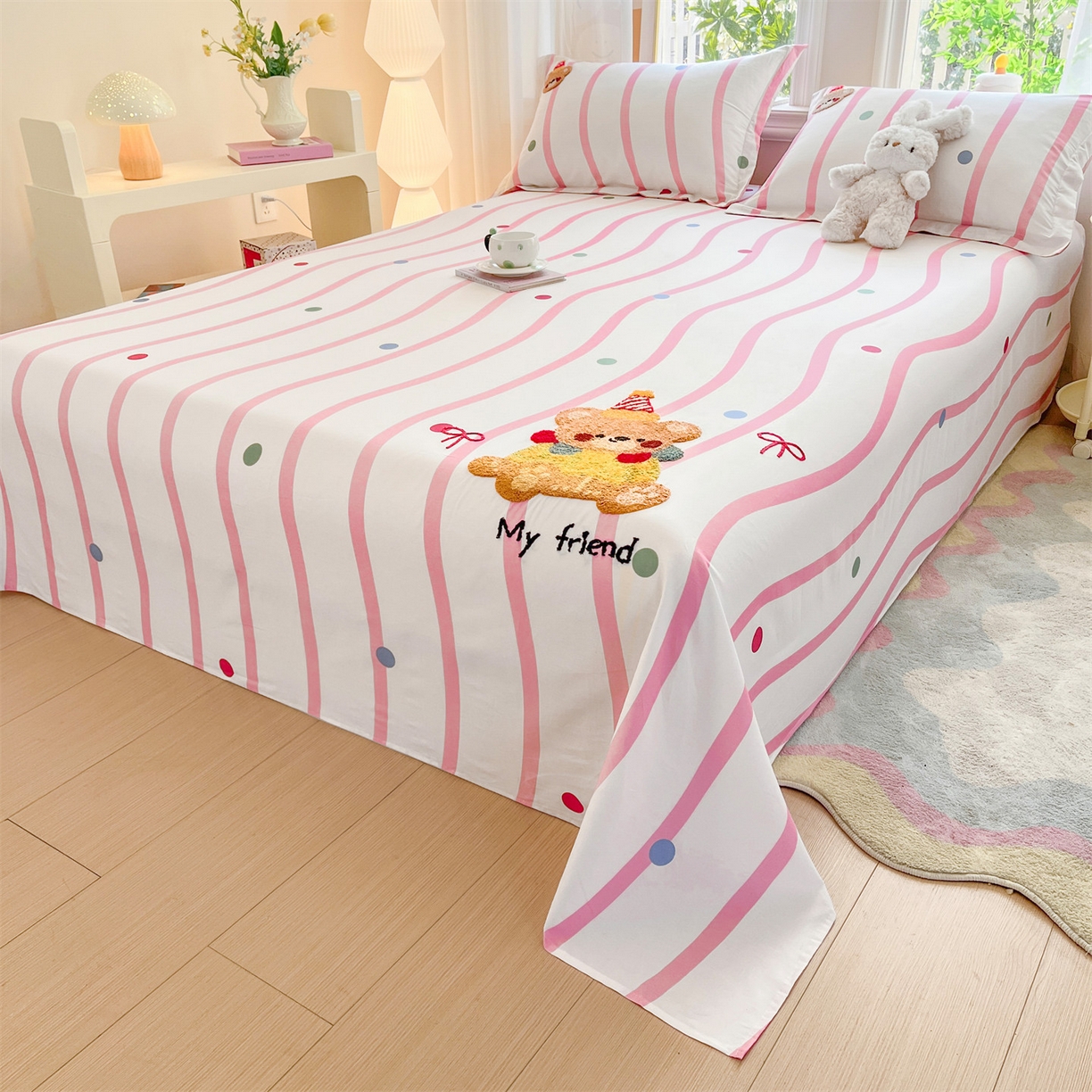 91家纺网 家纺一手货源 找家纺 笙意家纺 2026新款50S全棉纯棉毛巾绣单品床单床单单件 派对小熊