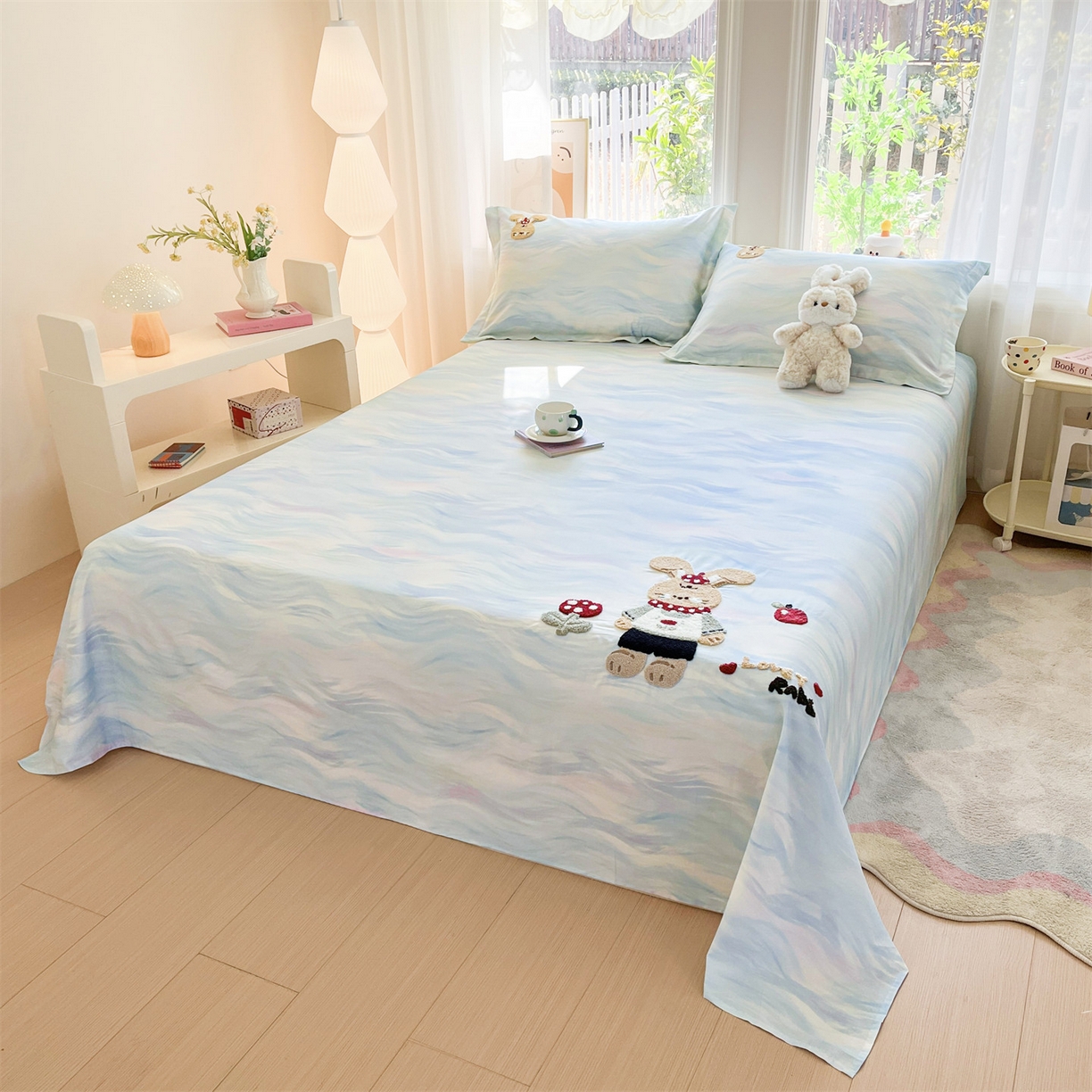 91家纺网 家纺一手货源 找家纺 笙意家纺 2026新款50S全棉纯棉毛巾绣单品床单床单单件 雾蓝小兔