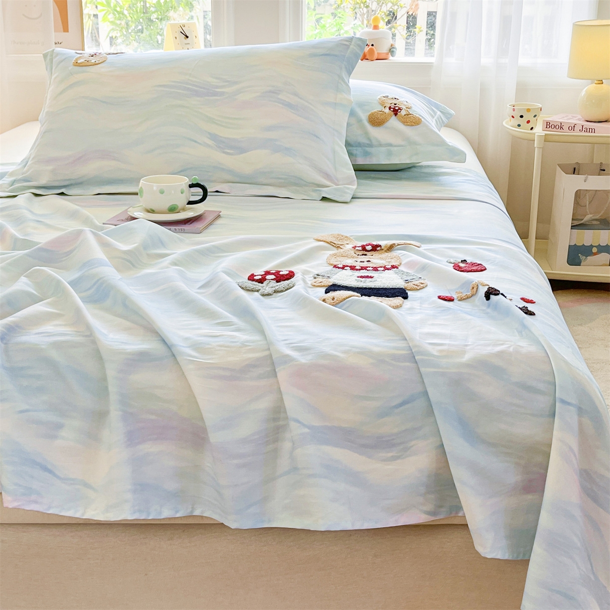 91家纺网 家纺一手货源 找家纺 笙意家纺 2026新款50S全棉纯棉毛巾绣单品床单床单单件 雾蓝小兔