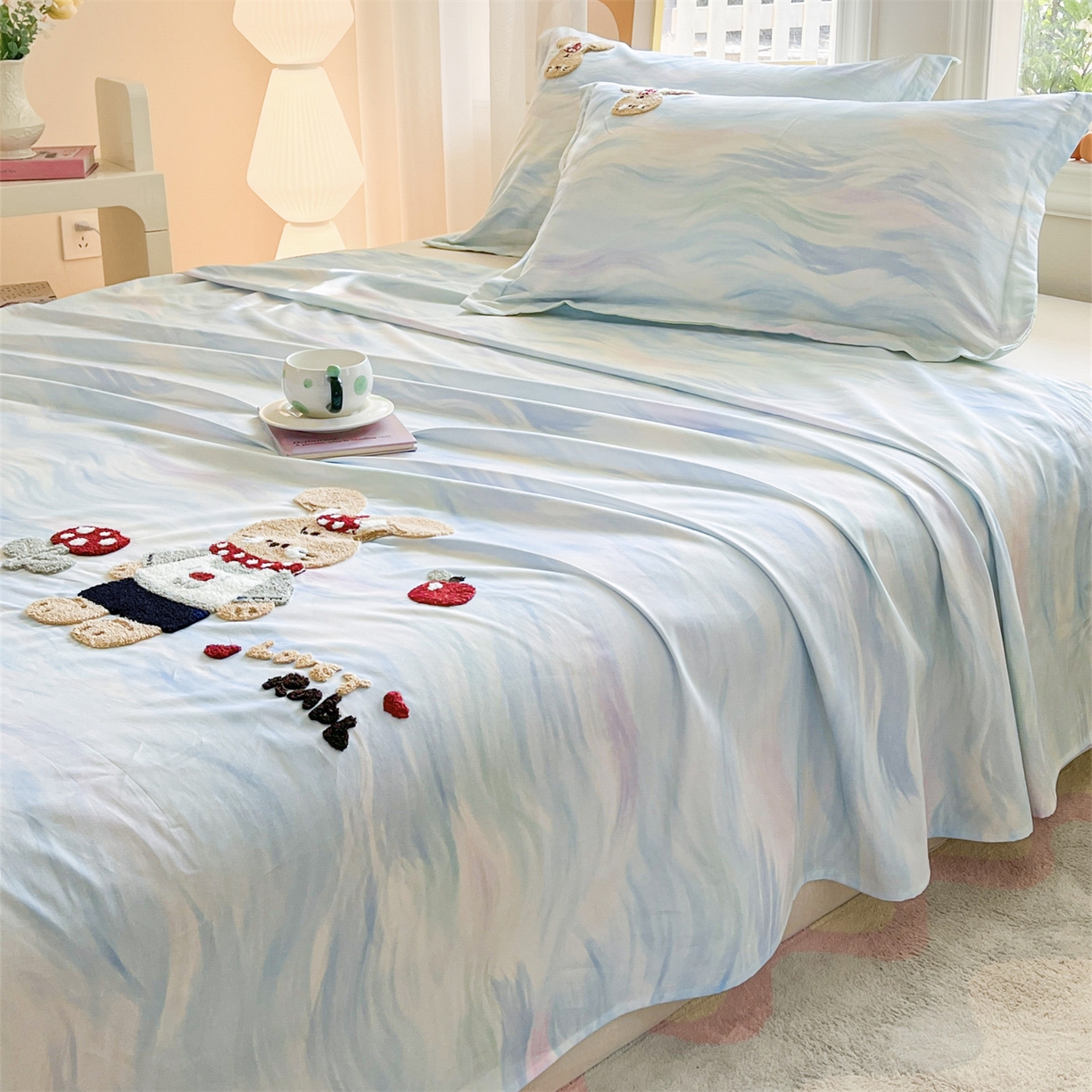 91家纺网 家纺一手货源 找家纺 笙意家纺 2026新款50S全棉纯棉毛巾绣单品床单床单单件 雾蓝小兔