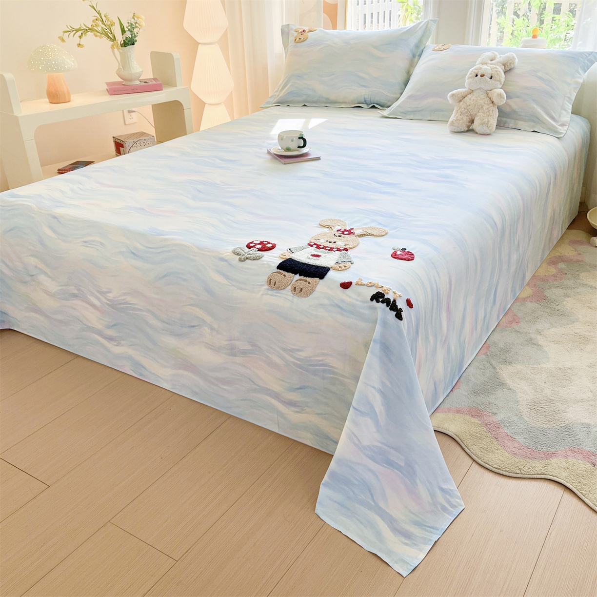 91家纺网 家纺一手货源 找家纺 笙意家纺 2026新款50S全棉纯棉毛巾绣单品床单床单单件 雾蓝小兔