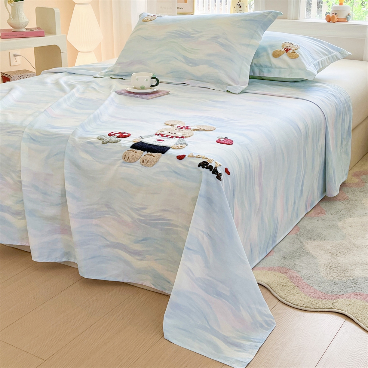 91家纺网 家纺一手货源 找家纺 笙意家纺 2026新款50S全棉纯棉毛巾绣单品床单床单单件 雾蓝小兔