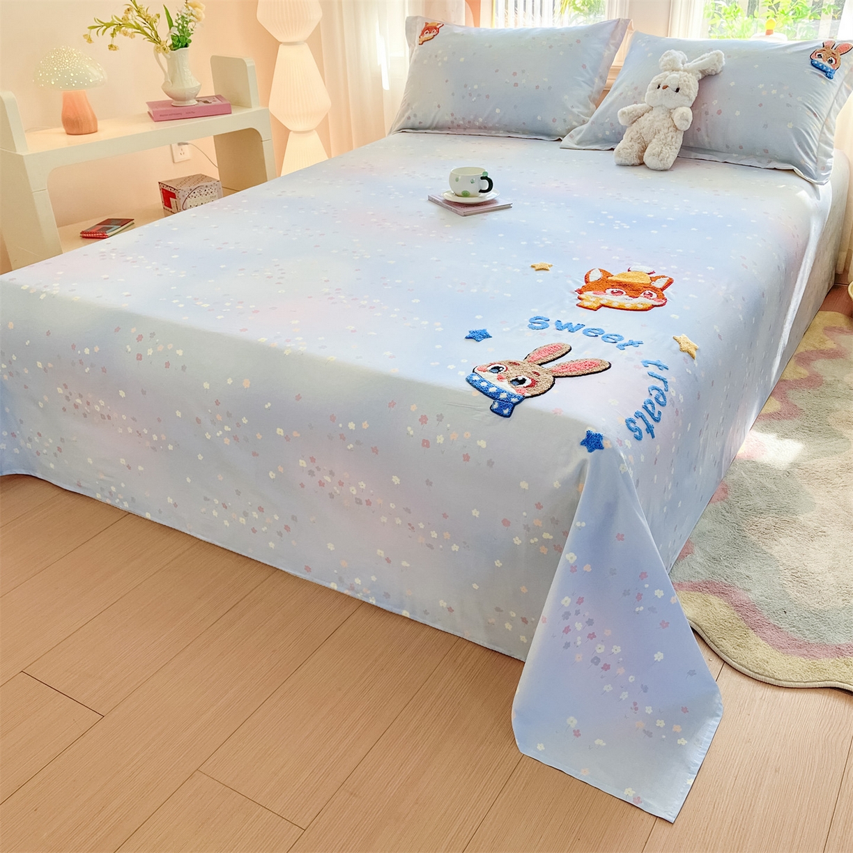 91家纺网 家纺一手货源 找家纺 笙意家纺 2026新款50S全棉纯棉毛巾绣单品床单床单单件 星甜狐兔