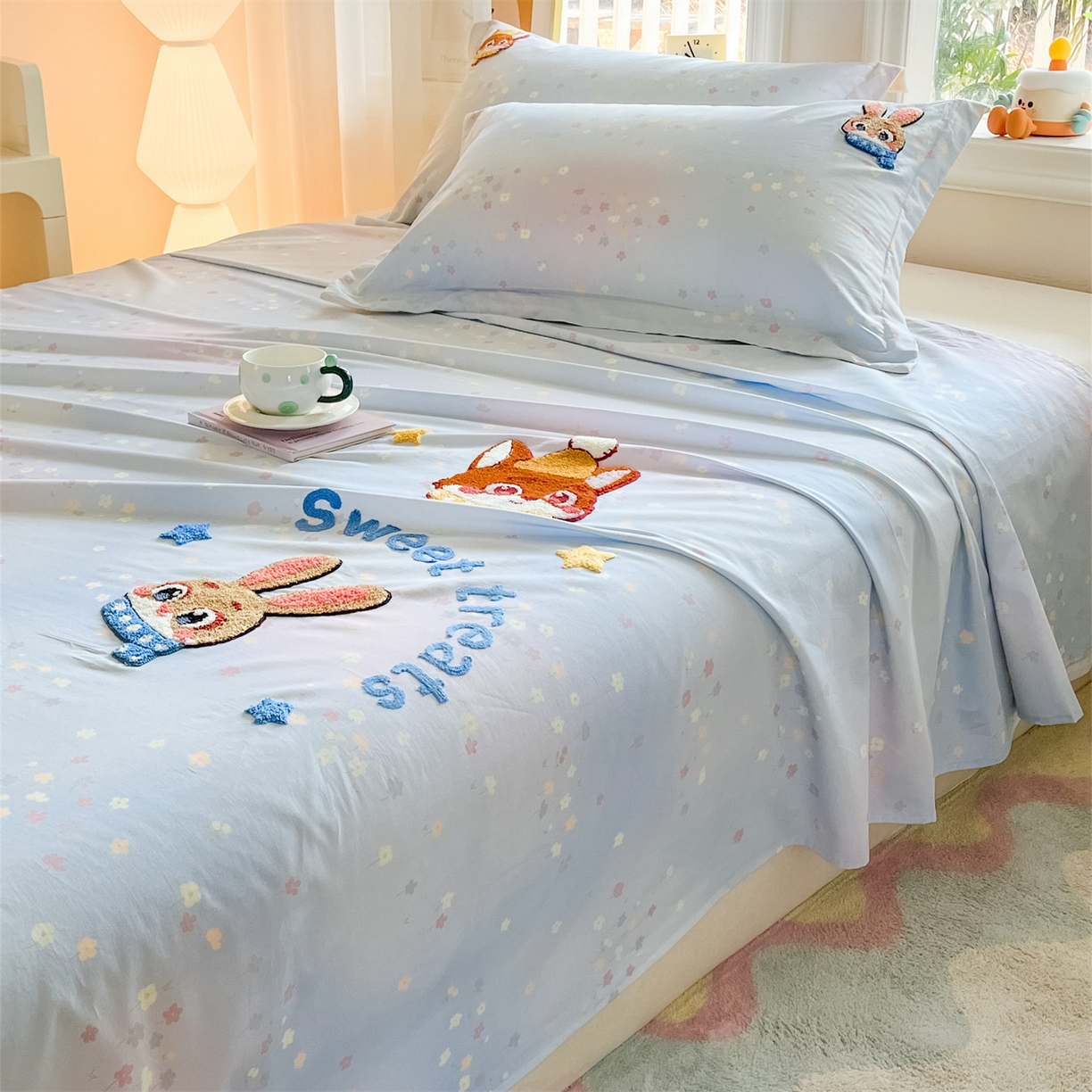 91家纺网 家纺一手货源 找家纺 笙意家纺 2026新款50S全棉纯棉毛巾绣单品床单床单单件 星甜狐兔