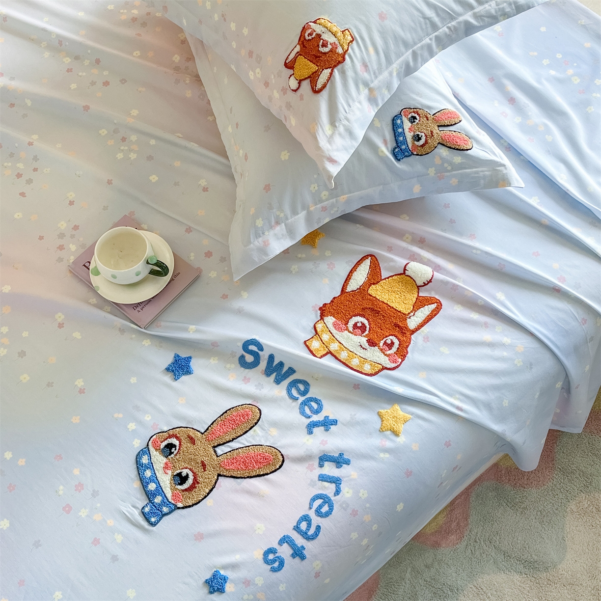 91家纺网 家纺一手货源 找家纺 笙意家纺 2026新款50S全棉纯棉毛巾绣单品床单床单单件 星甜狐兔