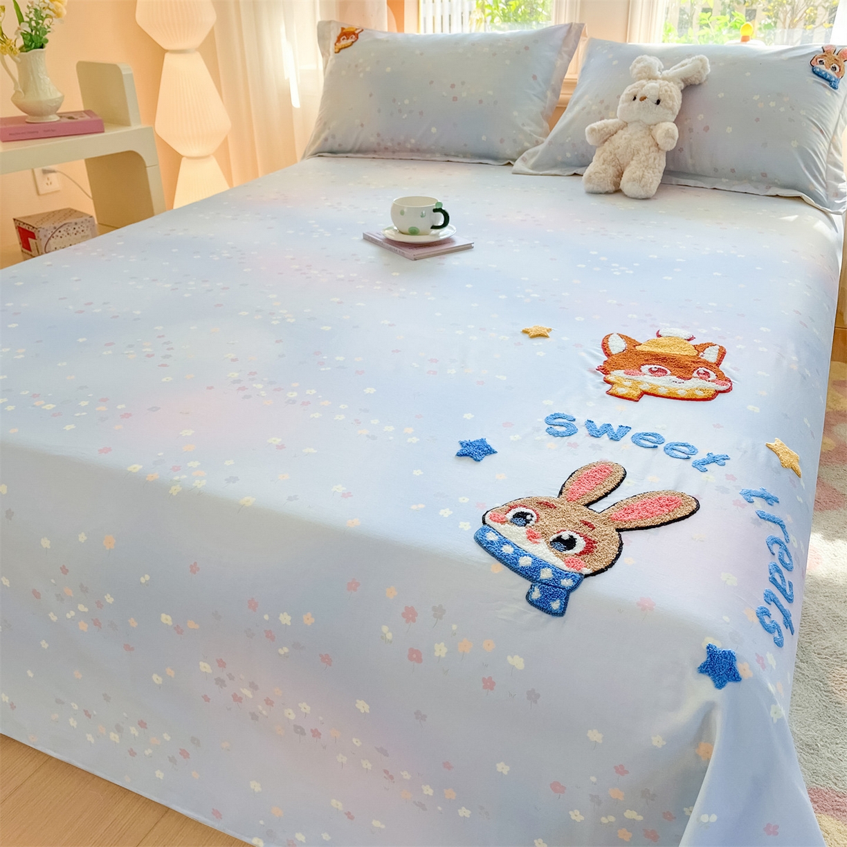 91家纺网 家纺一手货源 找家纺 笙意家纺 2026新款50S全棉纯棉毛巾绣单品床单床单单件 星甜狐兔