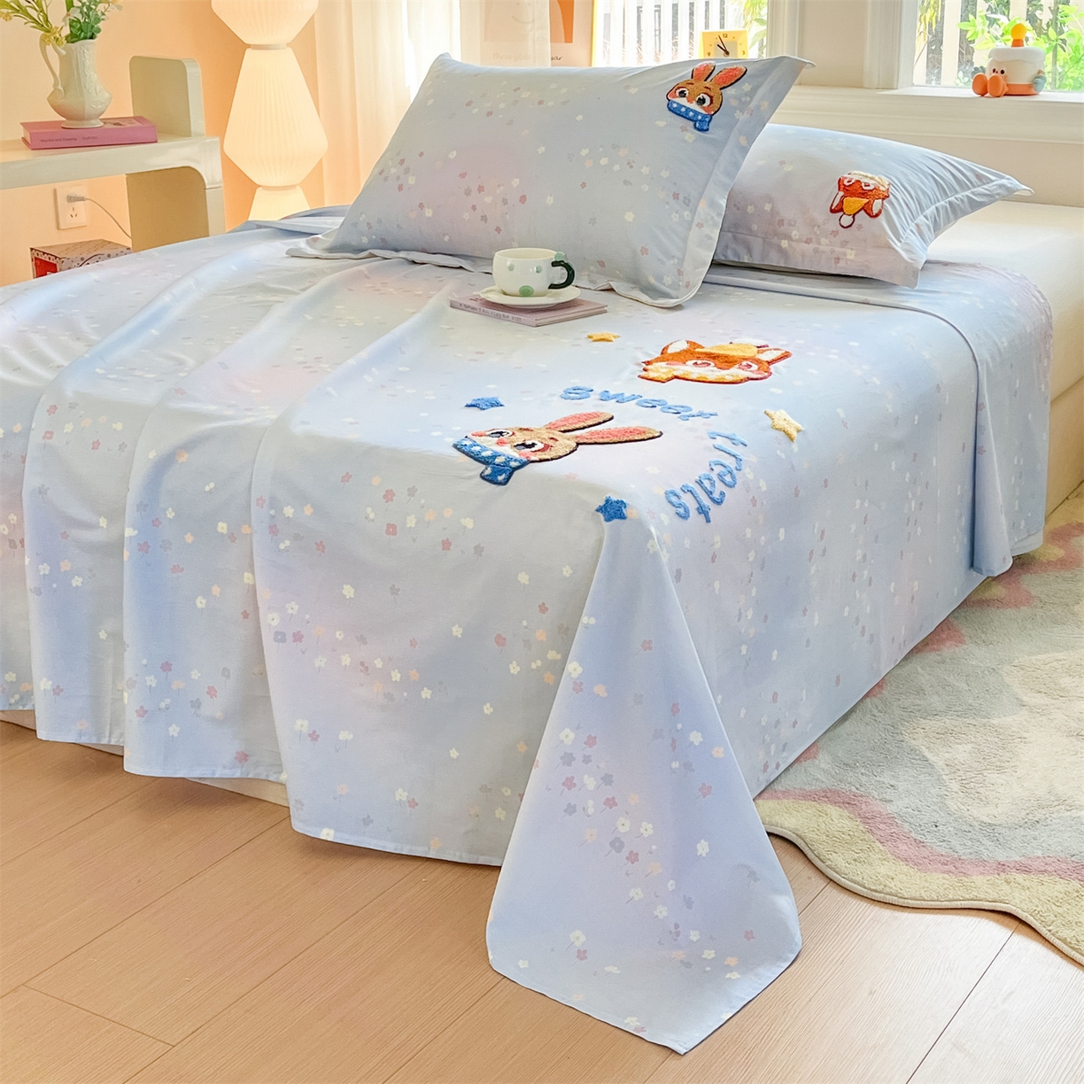 91家纺网 家纺一手货源 找家纺 笙意家纺 2026新款50S全棉纯棉毛巾绣单品床单床单单件 星甜狐兔