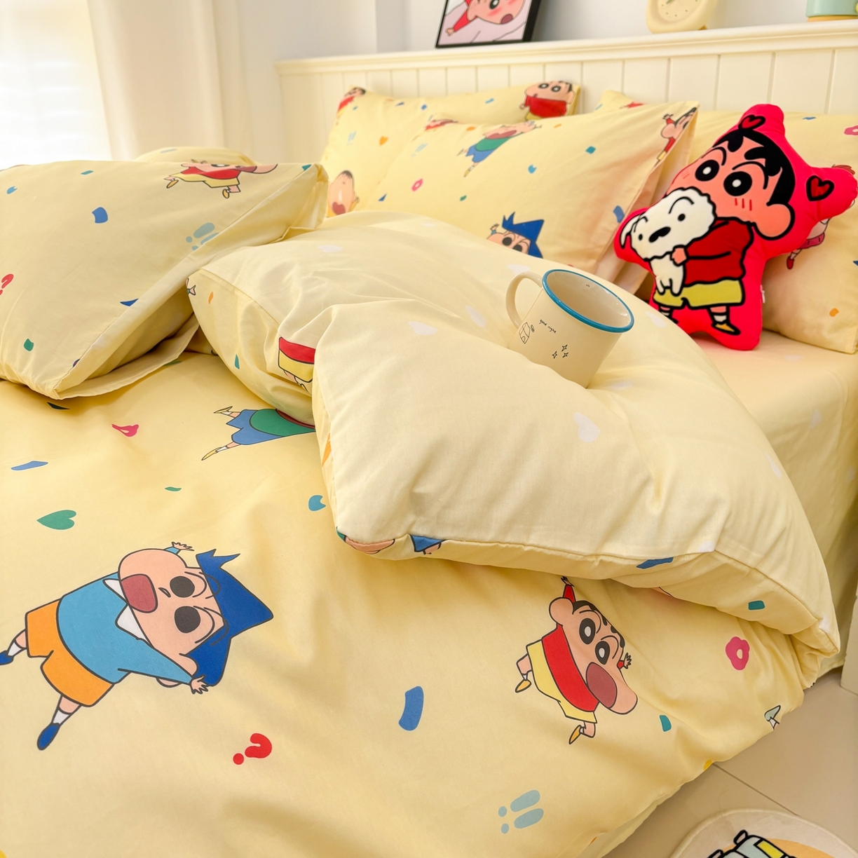 91家纺网 家纺一手货源 找家纺 孩子王家纺 2026新款卡通全棉纯棉正版授权小版蜡笔小新系列四件套-含防伪码 春日部家族