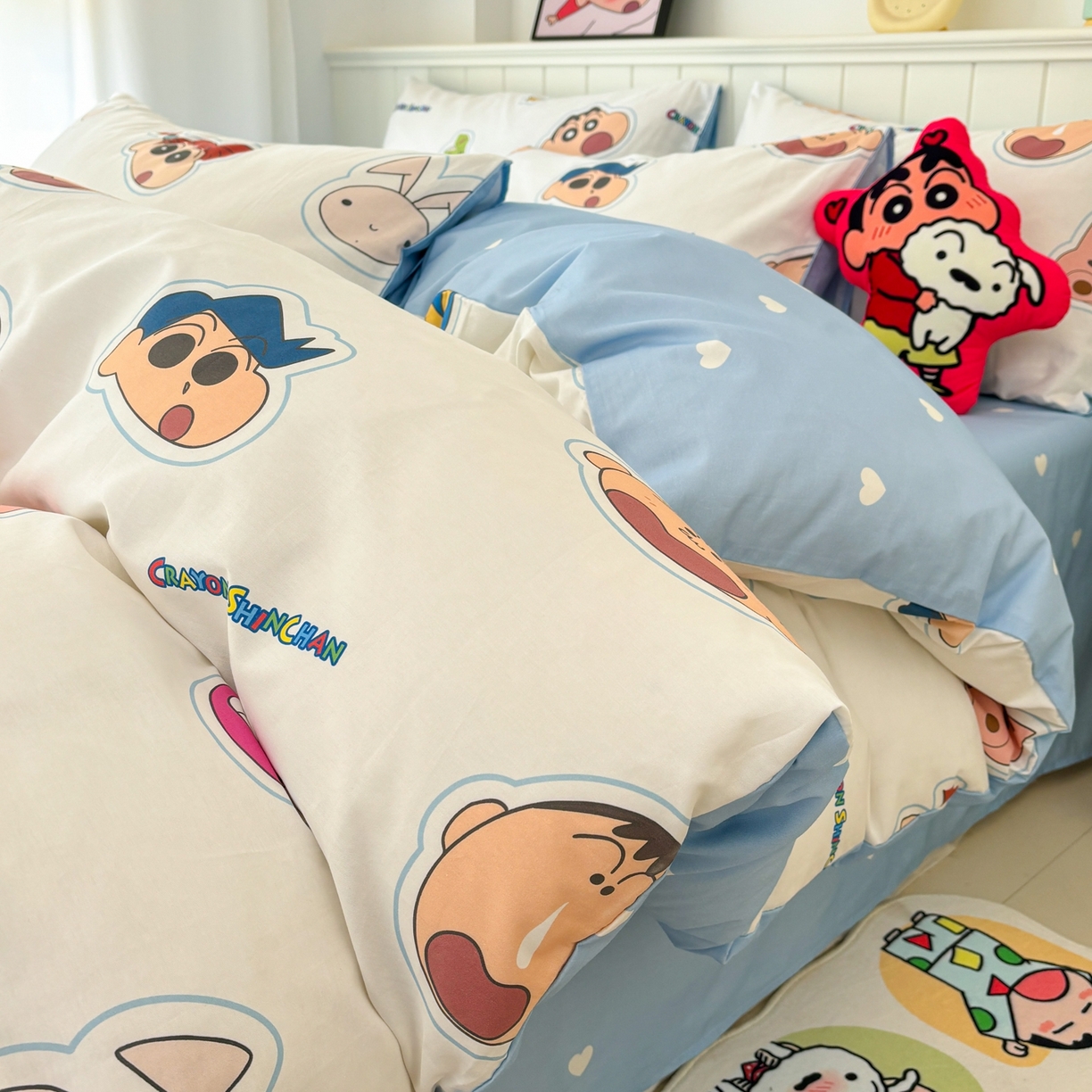 91家纺网 家纺一手货源 找家纺 孩子王家纺 2026新款卡通全棉纯棉正版授权小版蜡笔小新系列四件套-含防伪码 欢乐小新