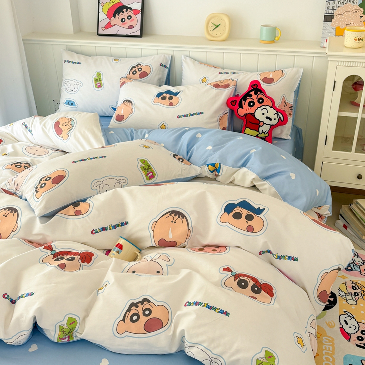 91家纺网 家纺一手货源 找家纺 孩子王家纺 2026新款卡通全棉纯棉正版授权小版蜡笔小新系列四件套-含防伪码 欢乐小新