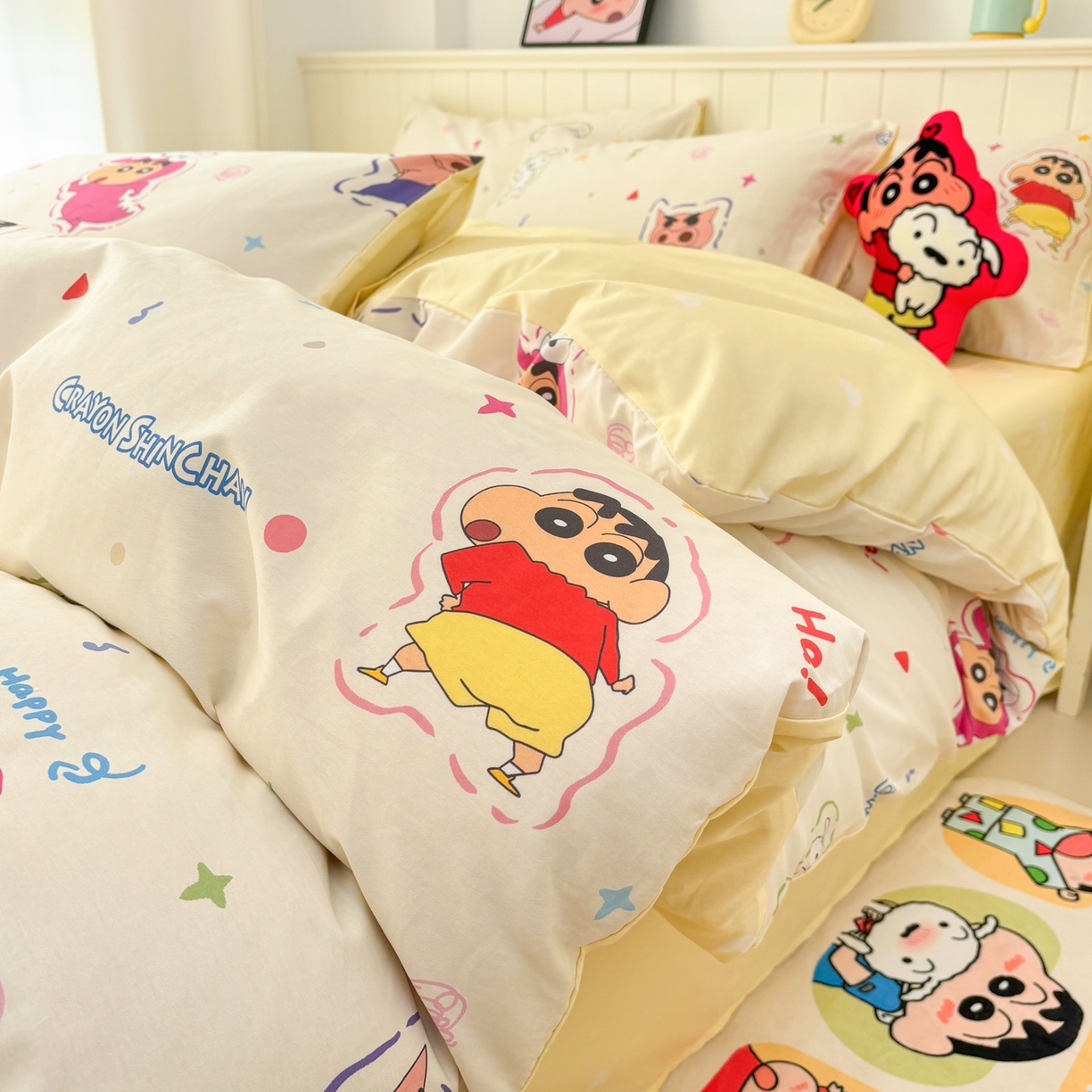 91家纺网 家纺一手货源 找家纺 孩子王家纺 2026新款卡通全棉纯棉正版授权小版蜡笔小新系列四件套-含防伪码 搞笑小新