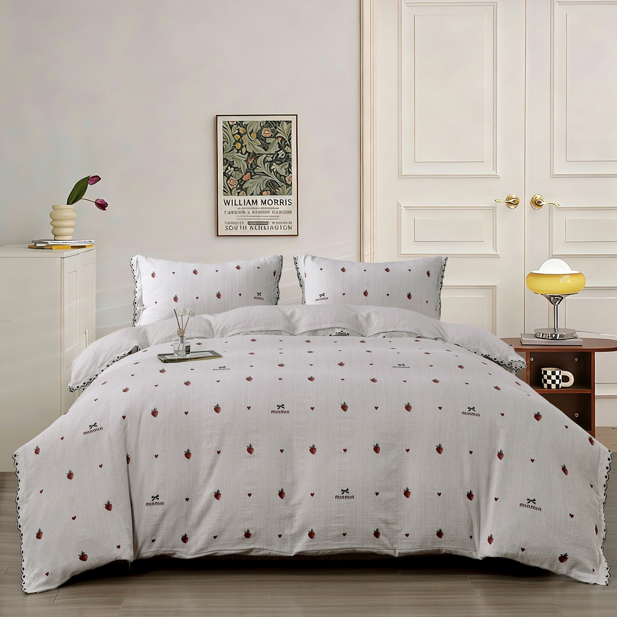 91家纺网 家纺一手货源 找家纺 恋之语 2026新款全棉花边色织水洗棉花边四件套 草莓