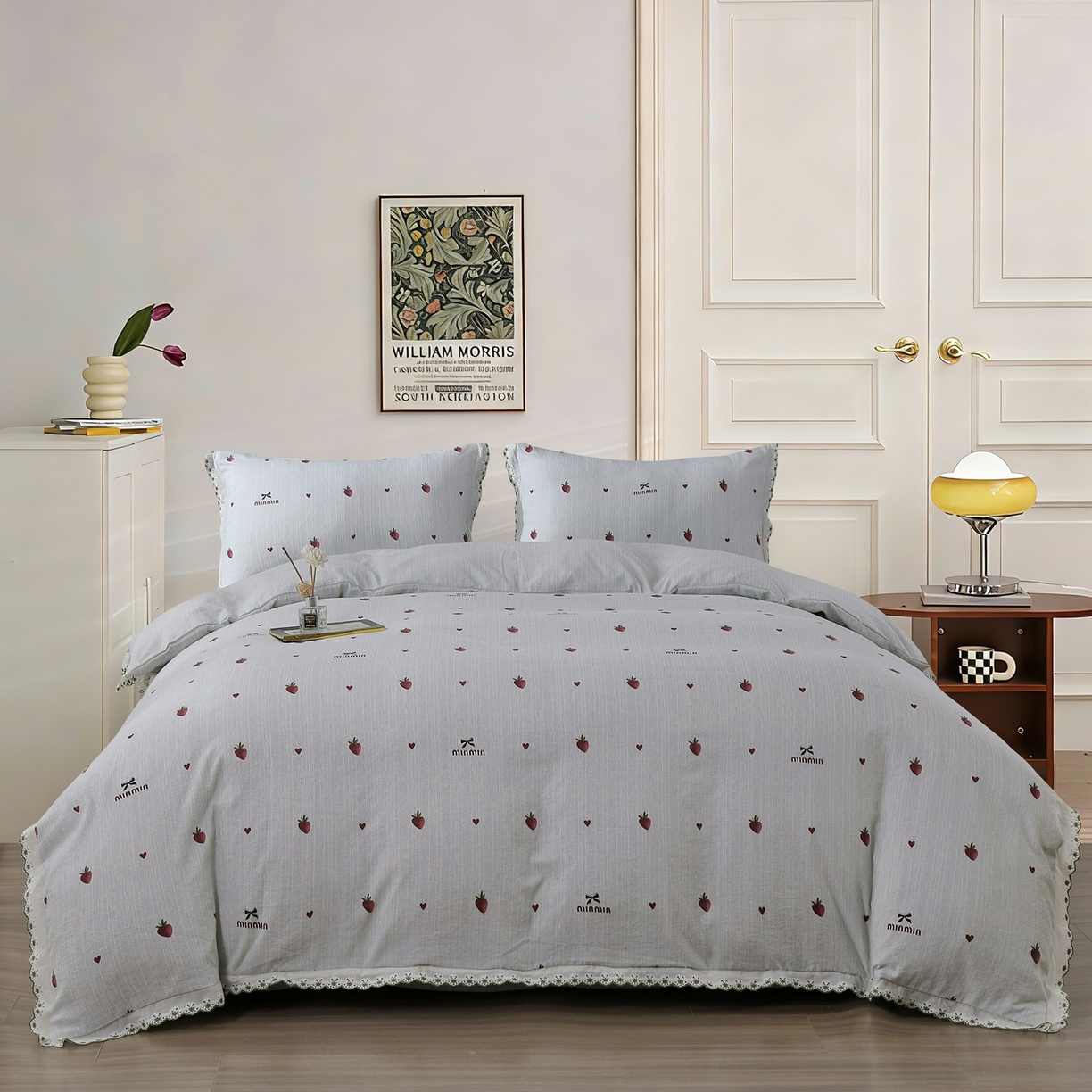 91家纺网 家纺一手货源 找家纺 恋之语 2026新款全棉花边色织水洗棉花边四件套 草莓气泡