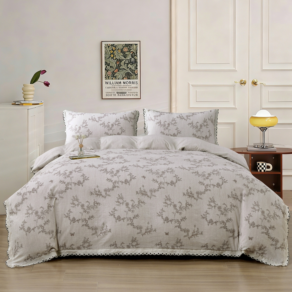 91家纺网 家纺一手货源 找家纺 恋之语 2026新款全棉花边色织水洗棉花边四件套 灰枝疏影