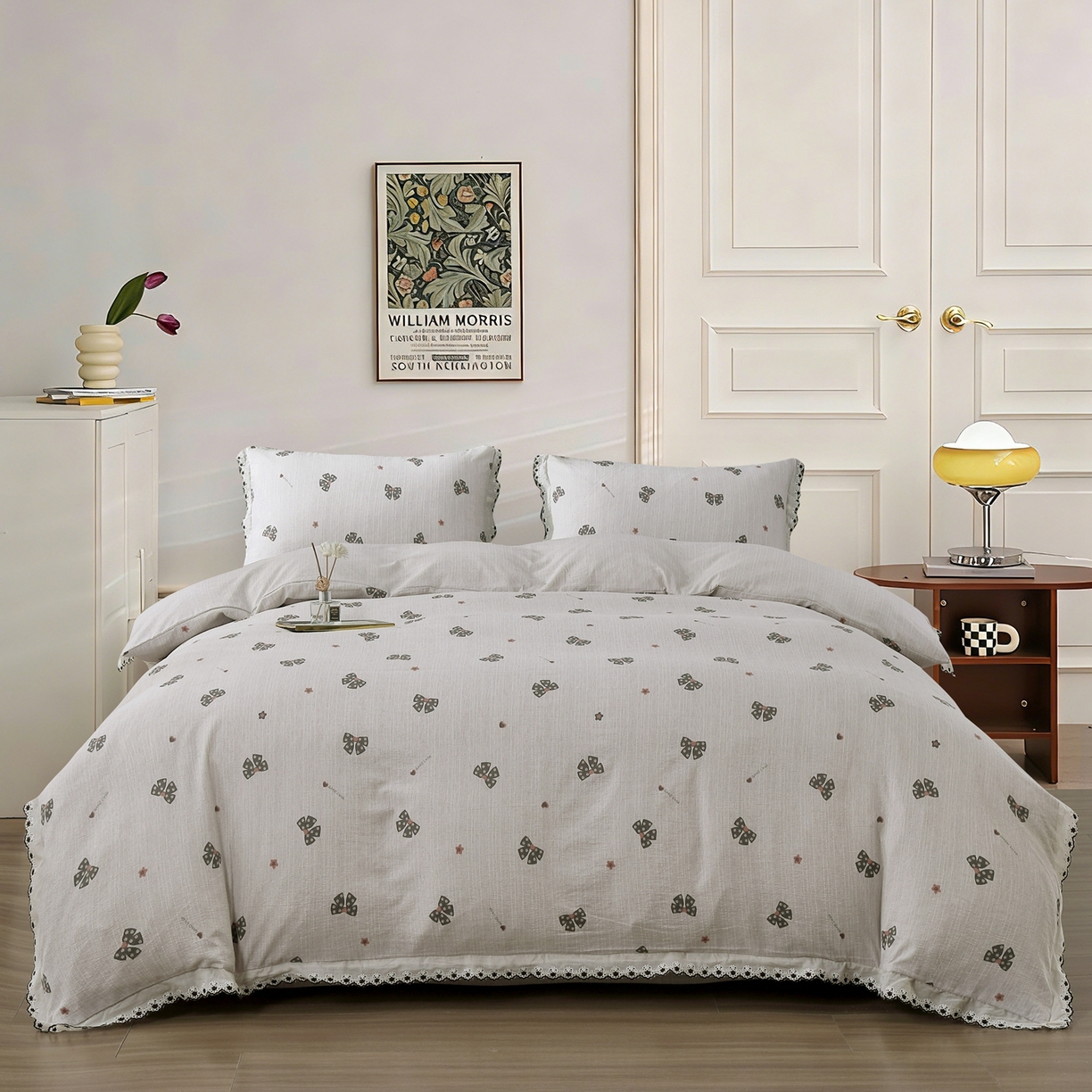 91家纺网 家纺一手货源 找家纺 恋之语 2026新款全棉花边色织水洗棉花边四件套 墨蝶轻舞