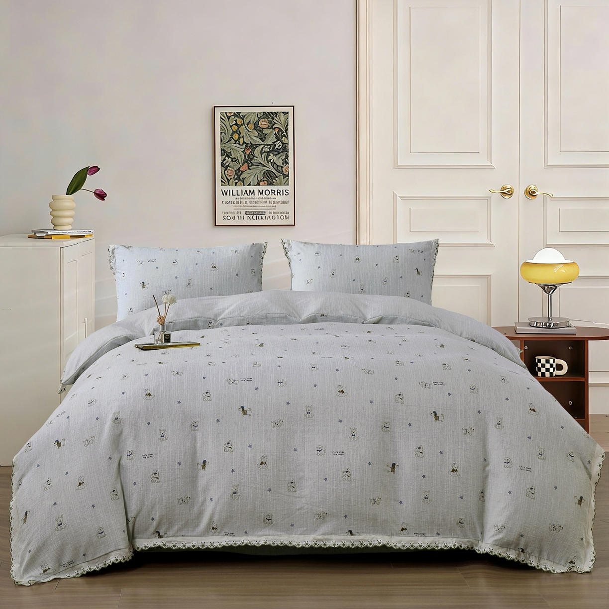 91家纺网 家纺一手货源 找家纺 恋之语 2026新款全棉花边色织水洗棉花边四件套 浅蓝萌宠