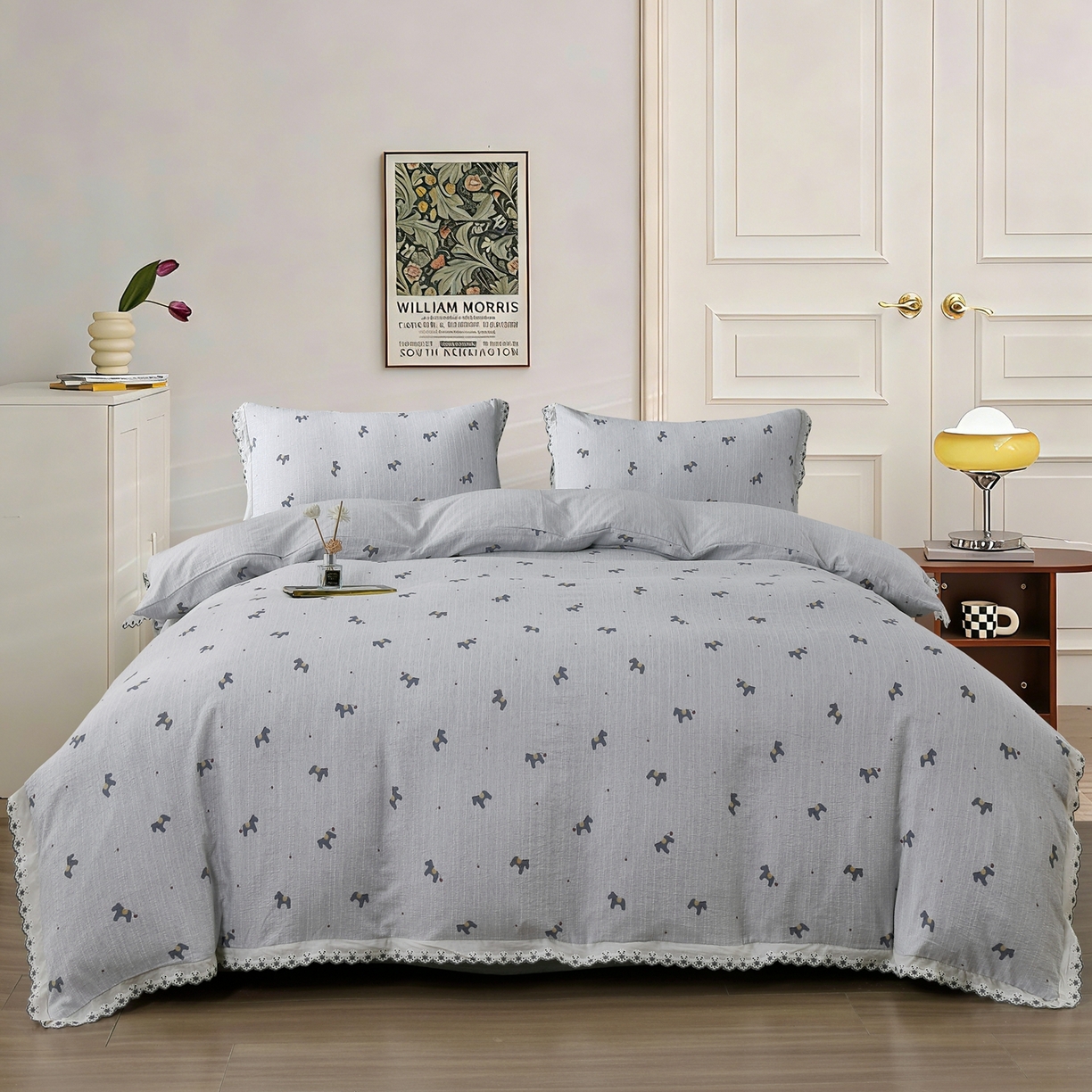 91家纺网 家纺一手货源 找家纺 恋之语 2026新款全棉花边色织水洗棉花边四件套 浅蓝汪汪