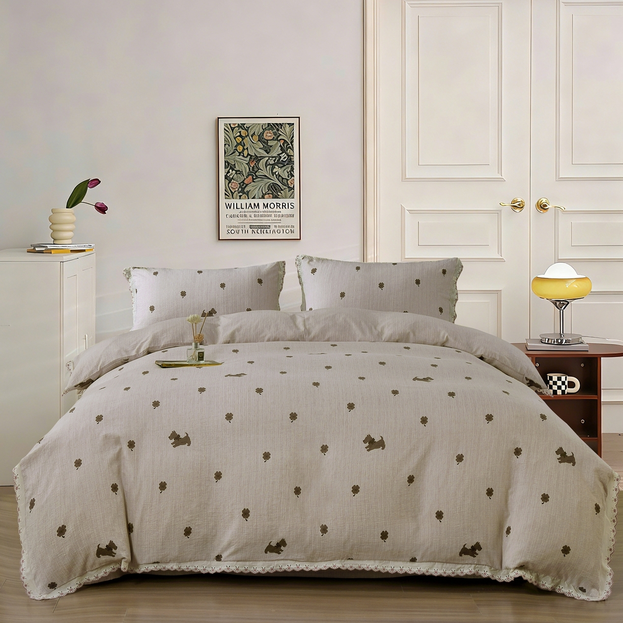 91家纺网 家纺一手货源 找家纺 恋之语 2026新款全棉花边色织水洗棉花边四件套 浅棕奶汪