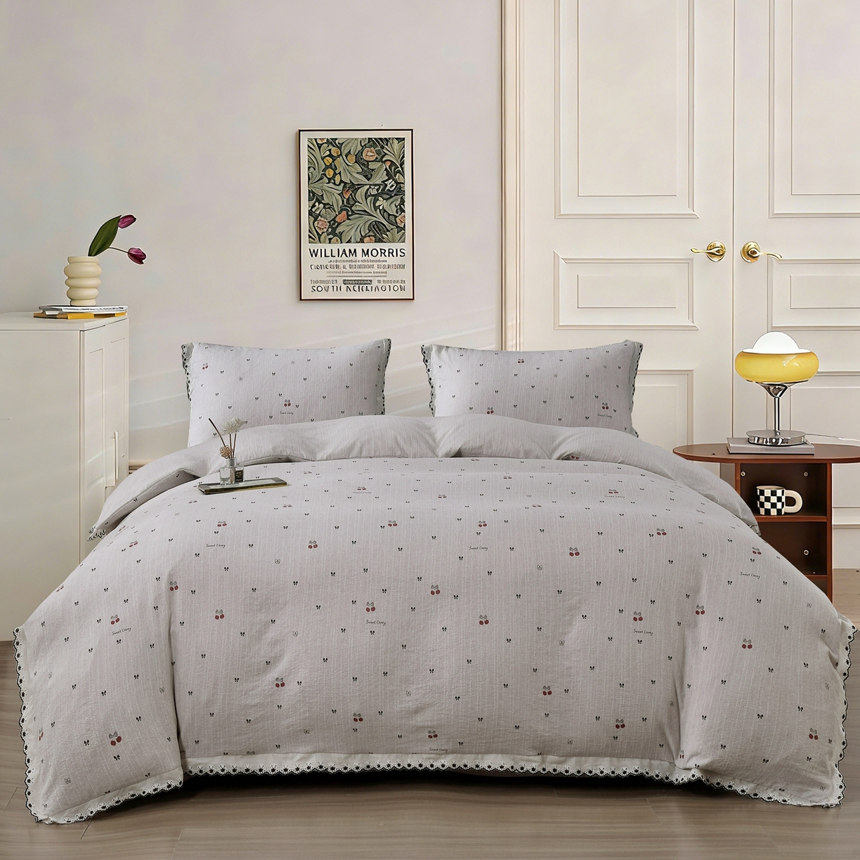 91家纺网 家纺一手货源 找家纺 恋之语 2026新款全棉花边色织水洗棉花边四件套 樱桃