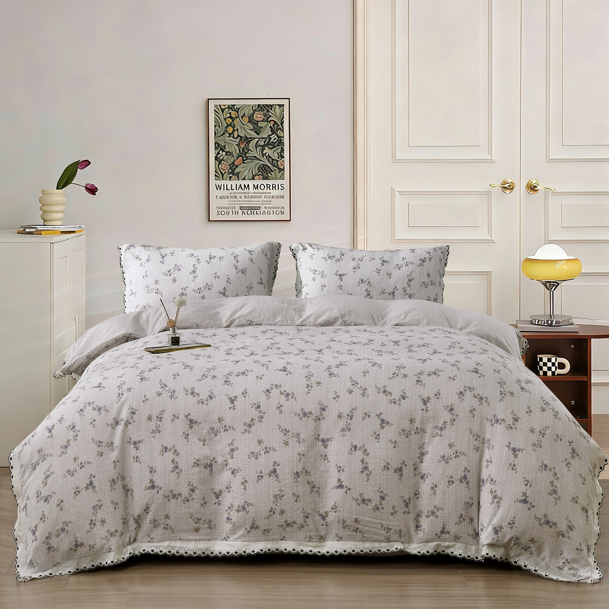 91家纺网 家纺一手货源 找家纺 恋之语 2026新款全棉花边色织水洗棉花边四件套 紫雾星花