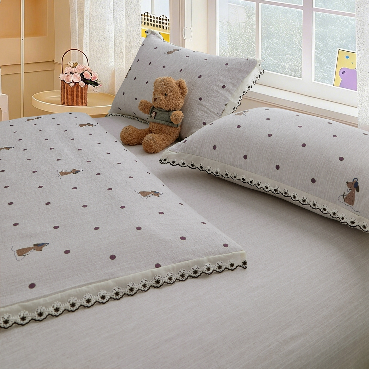 91家纺网 家纺一手货源 找家纺 恋之语 2026新款全棉花边色织水洗棉花边四件套 波点奶汪