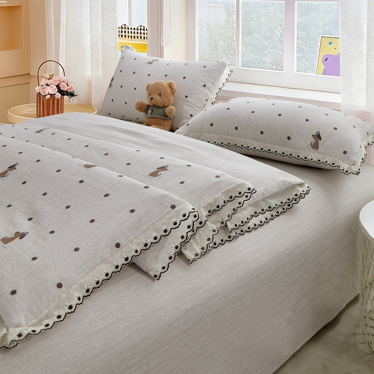 91家纺网 家纺一手货源 找家纺 恋之语 2026新款全棉花边色织水洗棉花边四件套 波点奶汪