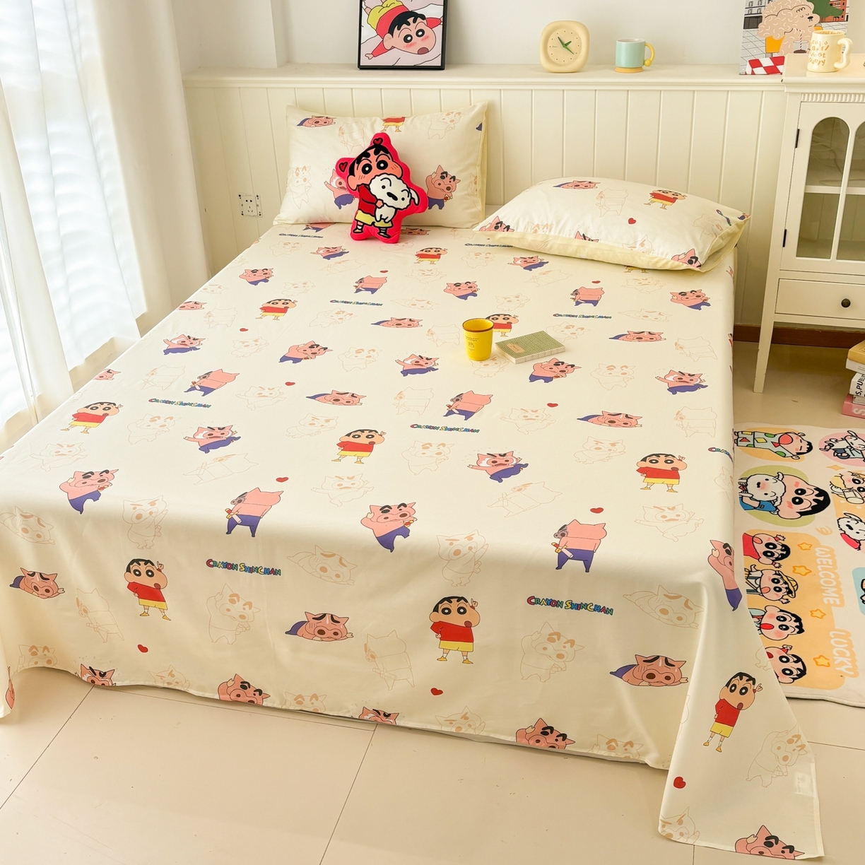 91家纺网 家纺一手货源 找家纺 孩子王家纺 2026新款卡通全棉纯棉正版授权小版蜡笔小新系列单床单床单单件单品床单-含防伪码 乐天派小新