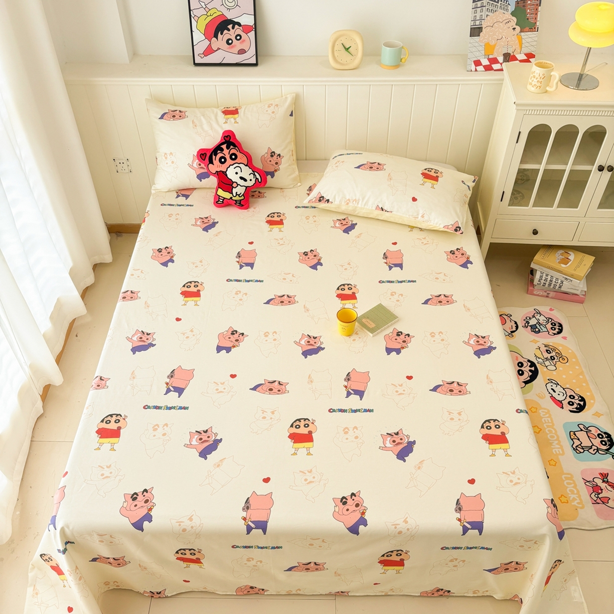 91家纺网 家纺一手货源 找家纺 孩子王家纺 2026新款卡通全棉纯棉正版授权小版蜡笔小新系列单床单床单单件单品床单-含防伪码 乐天派小新