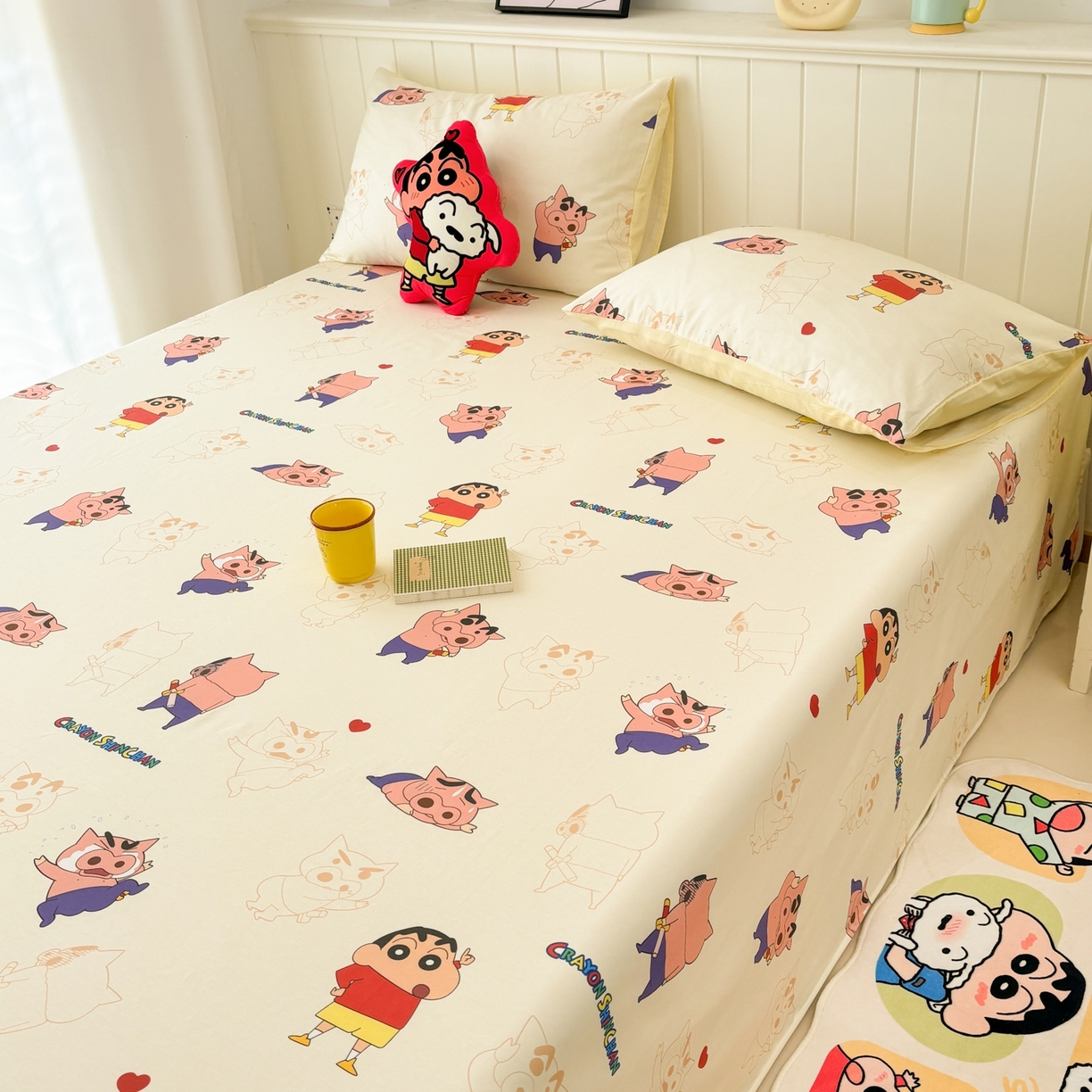 91家纺网 家纺一手货源 找家纺 孩子王家纺 2026新款卡通全棉纯棉正版授权小版蜡笔小新系列单床单床单单件单品床单-含防伪码 乐天派小新