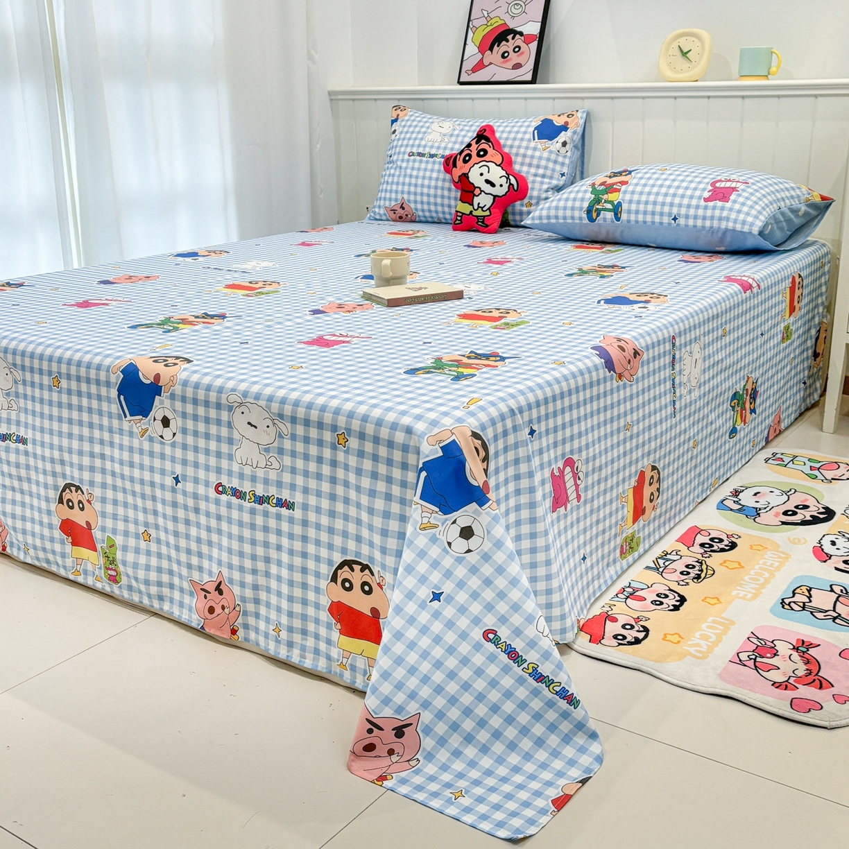 91家纺网 家纺一手货源 找家纺 孩子王家纺 2026新款卡通全棉纯棉正版授权小版蜡笔小新系列单床单床单单件单品床单-含防伪码 蓝格小新乐园