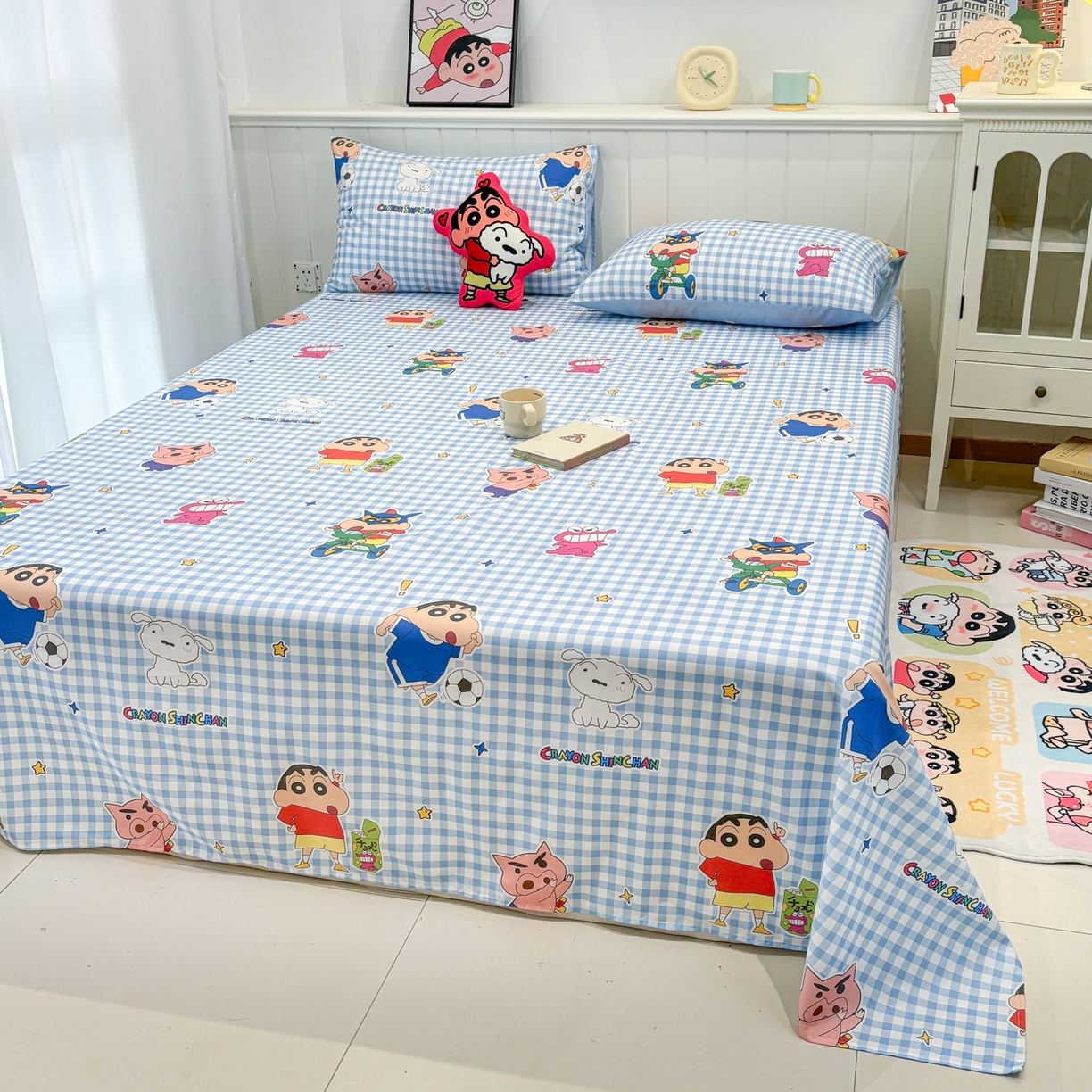 91家纺网 家纺一手货源 找家纺 孩子王家纺 2026新款卡通全棉纯棉正版授权小版蜡笔小新系列单床单床单单件单品床单-含防伪码 蓝格小新乐园