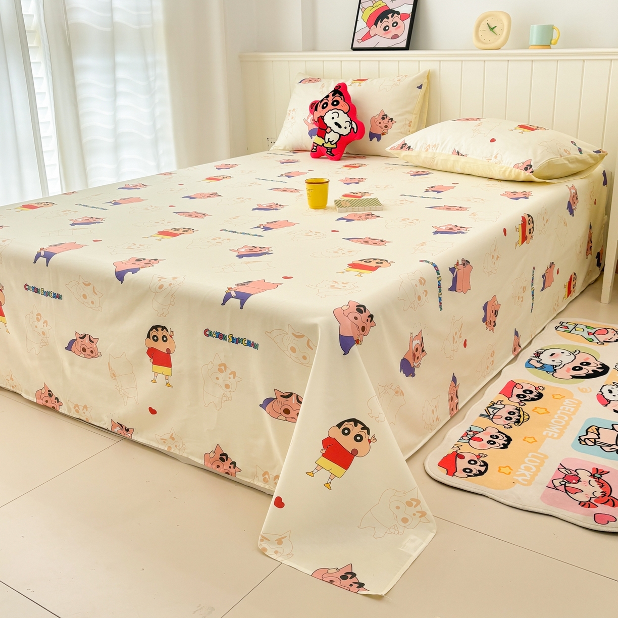 91家纺网 家纺一手货源 找家纺 孩子王家纺 2026新款卡通全棉纯棉正版授权小版蜡笔小新系列单床单床单单件单品床单-含防伪码 乐天派小新