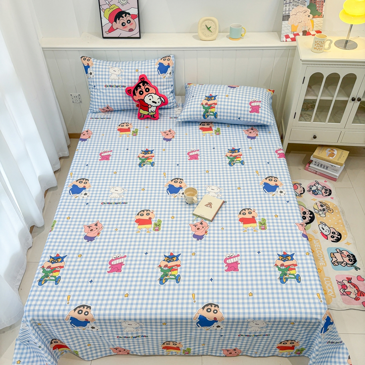 91家纺网 家纺一手货源 找家纺 孩子王家纺 2026新款卡通全棉纯棉正版授权小版蜡笔小新系列单床单床单单件单品床单-含防伪码 蓝格小新乐园