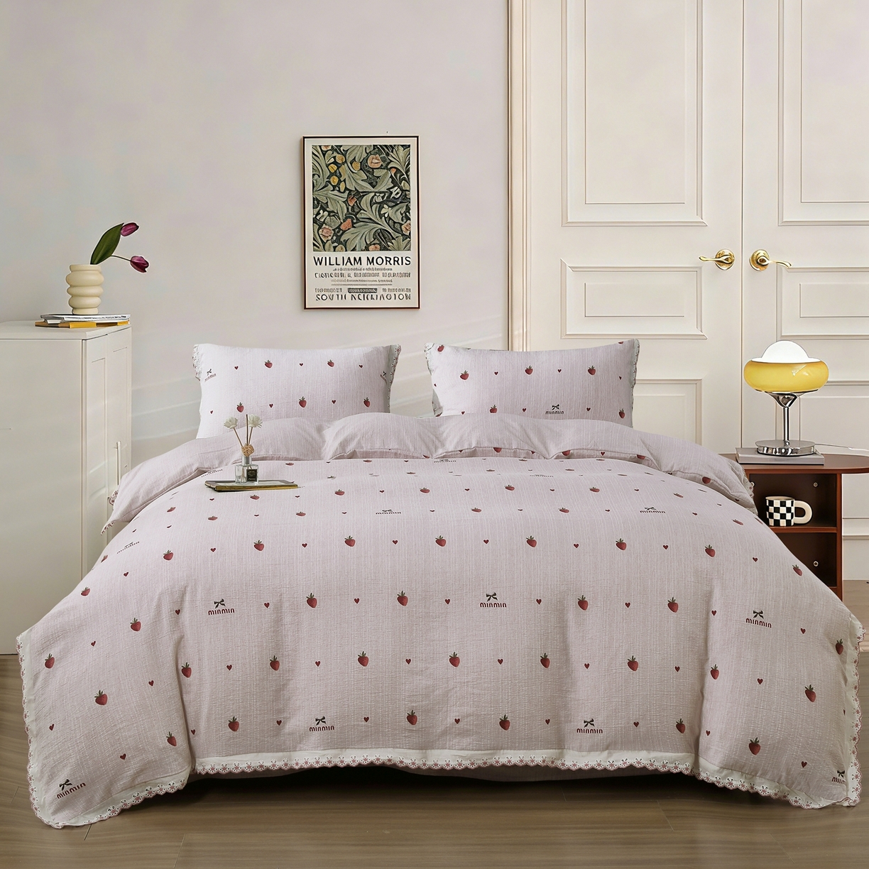 恋之语 2026新款全棉花边色织水洗棉花边四件套 草莓甜酒