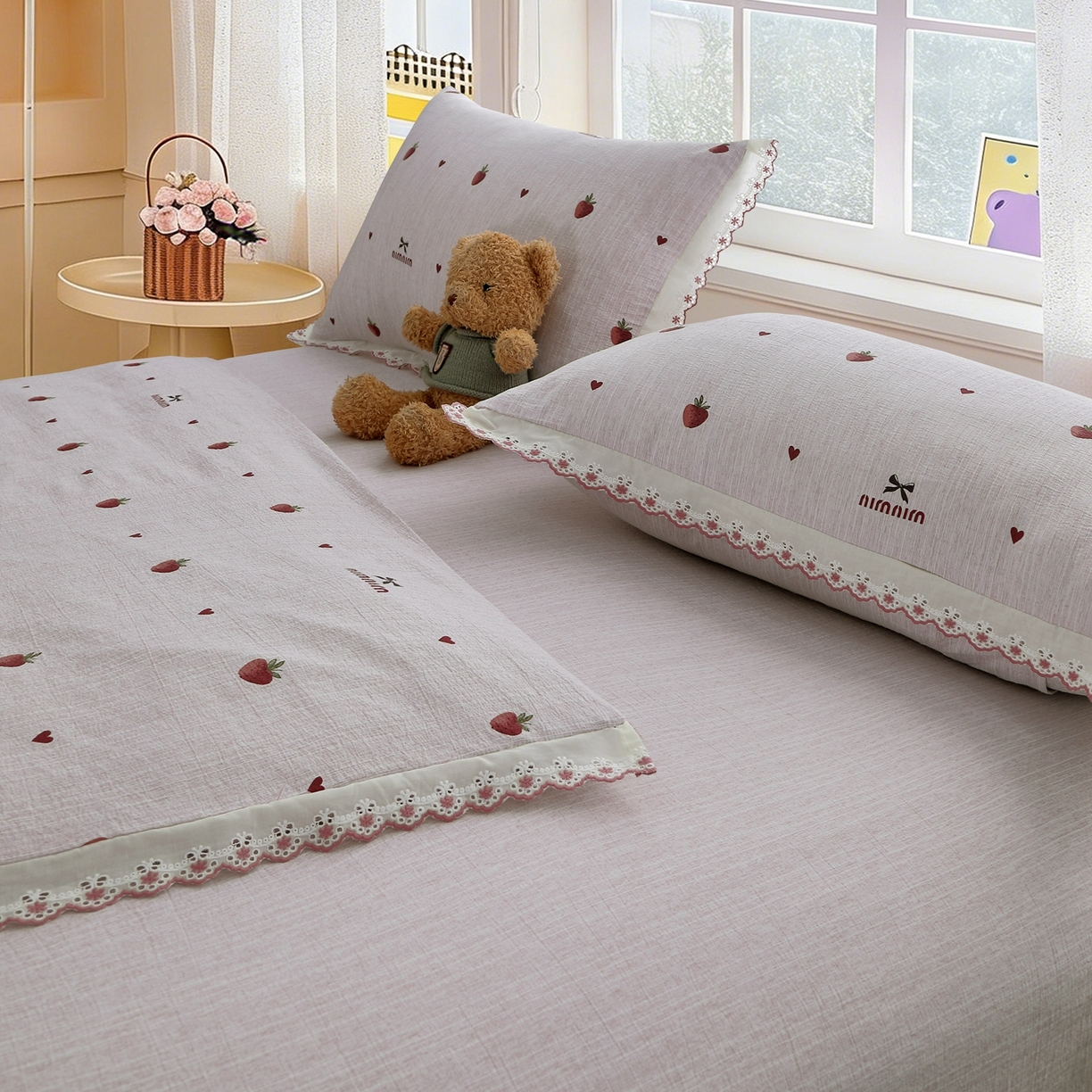 91家纺网 家纺一手货源 找家纺 恋之语 2026新款全棉花边色织水洗棉花边四件套 草莓甜酒