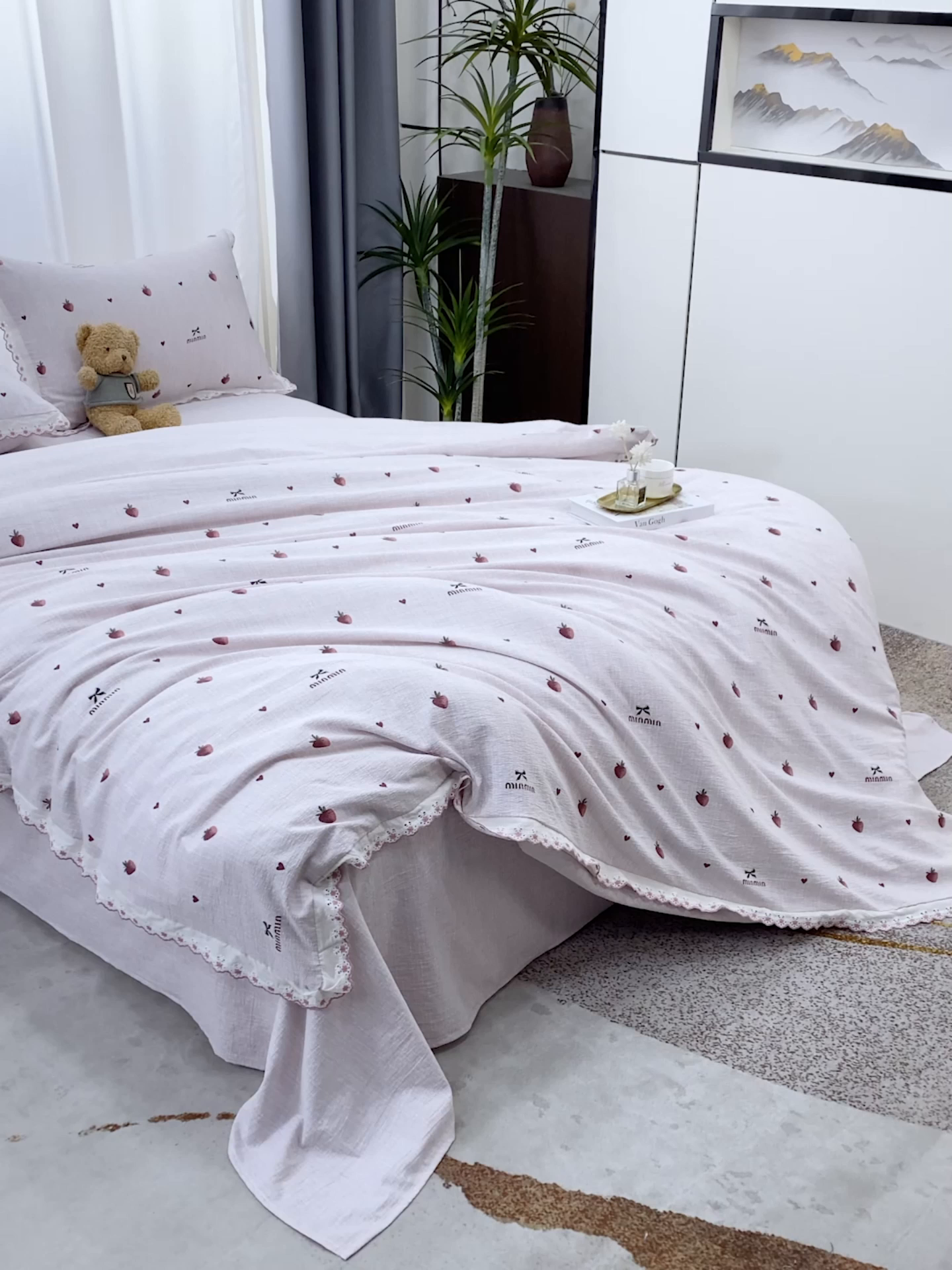 91家纺网 家纺一手货源 找家纺 恋之语 2026新款全棉花边色织水洗棉花边四件套 草莓甜酒