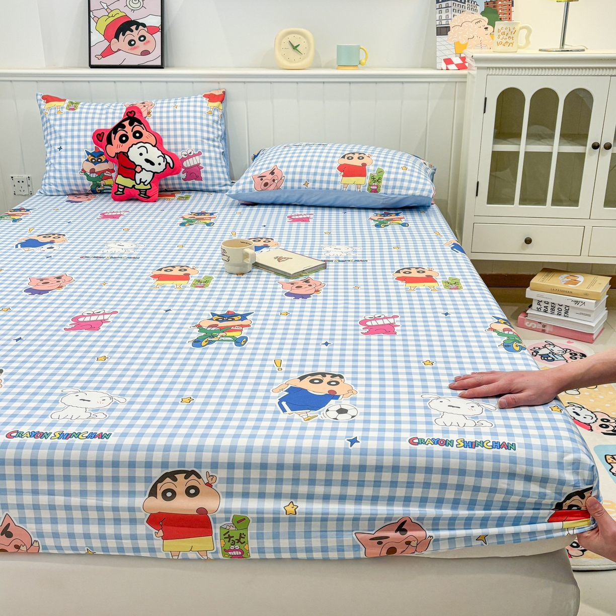 孩子王家纺 2026新款卡通全棉纯棉正版授权小版蜡笔小新系列单床笠床笠单件单品床笠-含防伪码 蓝格小新乐园
