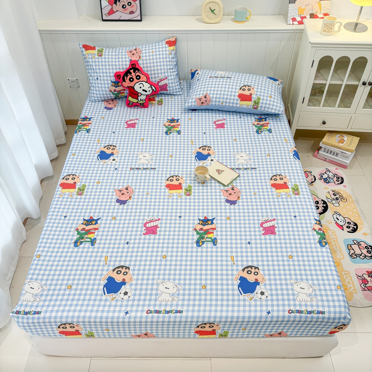 91家纺网 家纺一手货源 找家纺 孩子王家纺 2026新款卡通全棉纯棉正版授权小版蜡笔小新系列单床笠床笠单件单品床笠-含防伪码 蓝格小新乐园