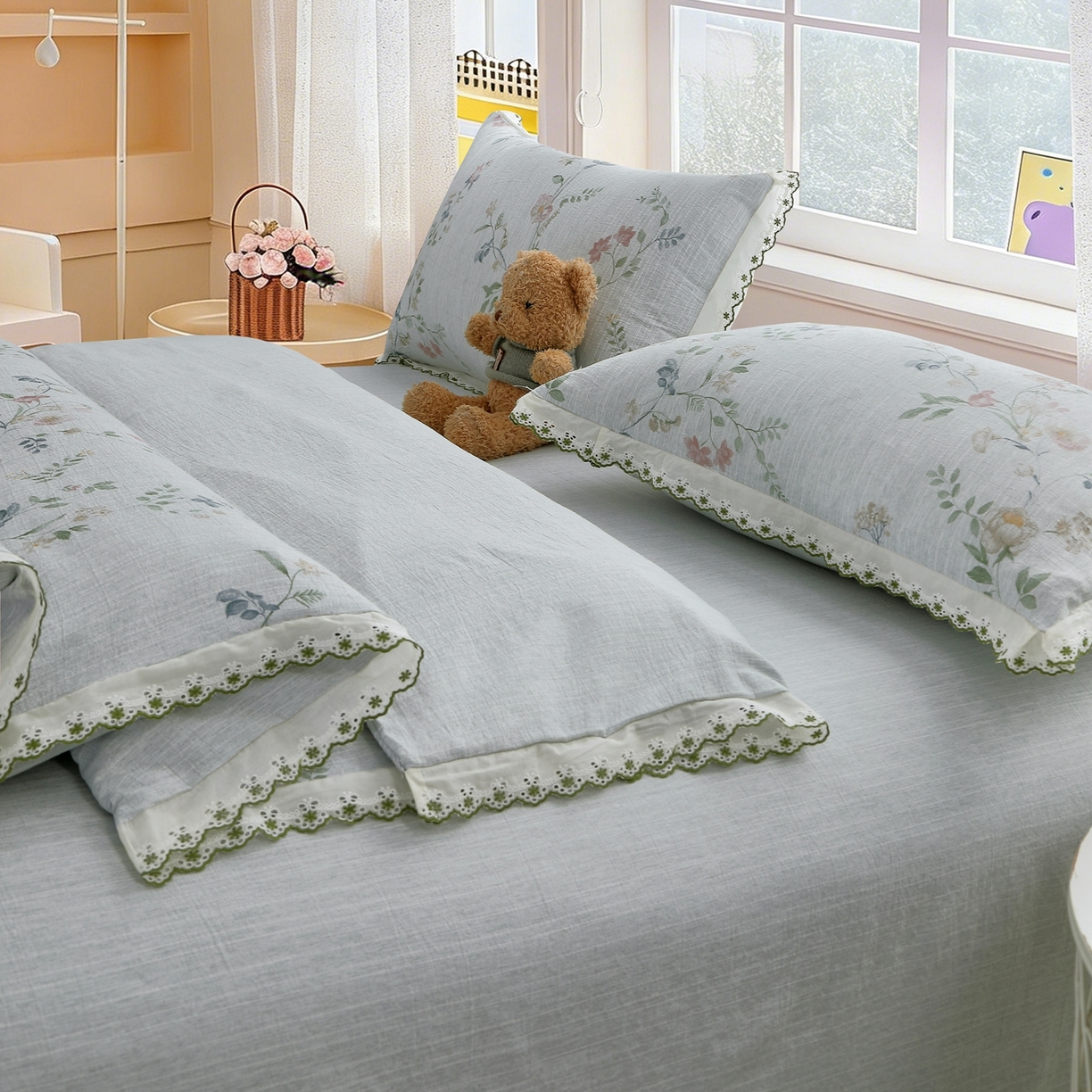 91家纺网 家纺一手货源 找家纺 恋之语 2026新款全棉花边色织水洗棉花边四件套 春日花蔓