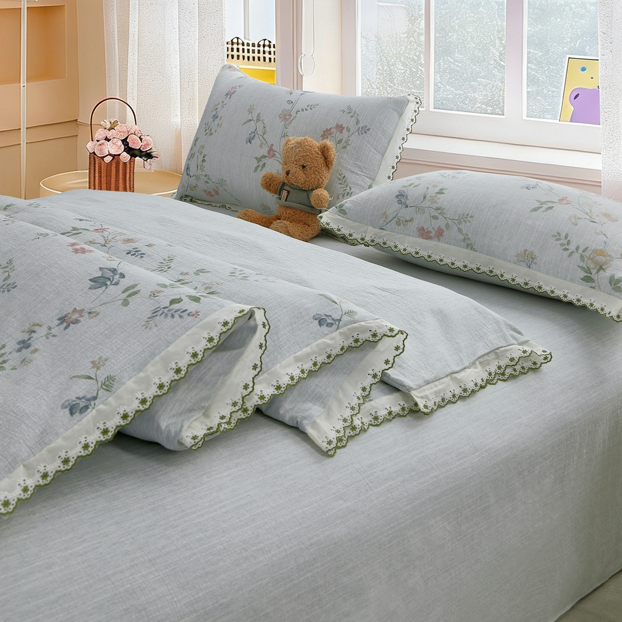 91家纺网 家纺一手货源 找家纺 恋之语 2026新款全棉花边色织水洗棉花边四件套 春日花蔓