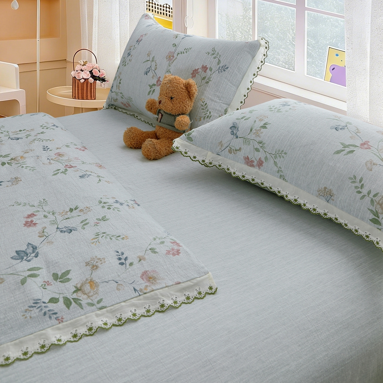 91家纺网 家纺一手货源 找家纺 恋之语 2026新款全棉花边色织水洗棉花边四件套 春日花蔓