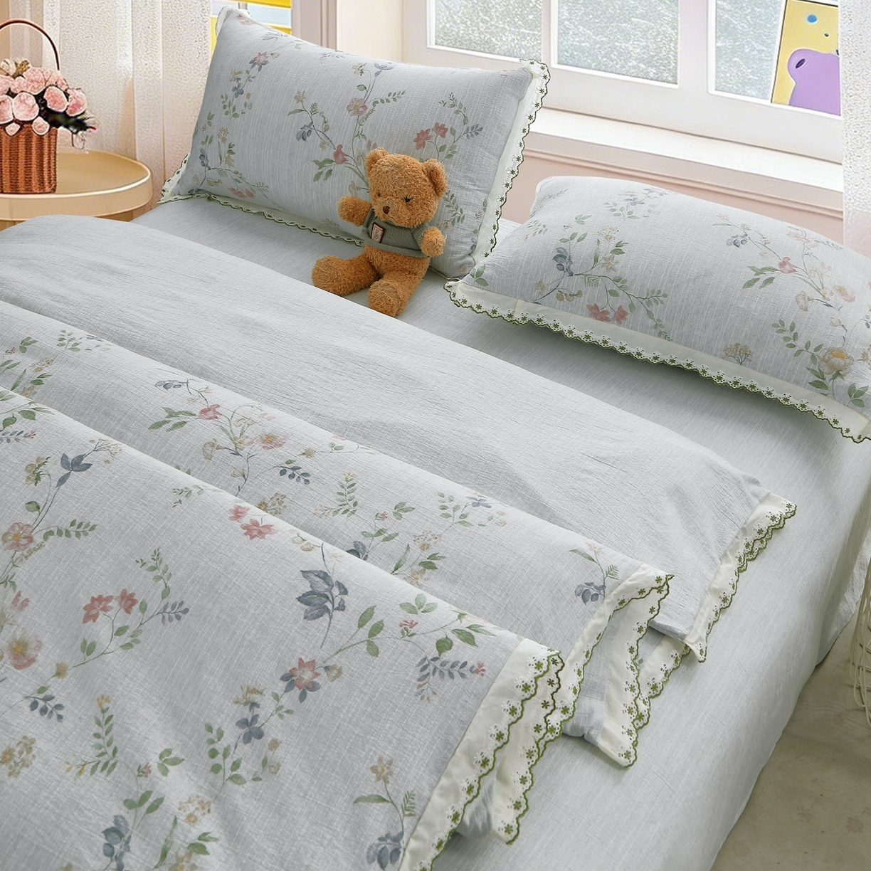 91家纺网 家纺一手货源 找家纺 恋之语 2026新款全棉花边色织水洗棉花边四件套 春日花蔓