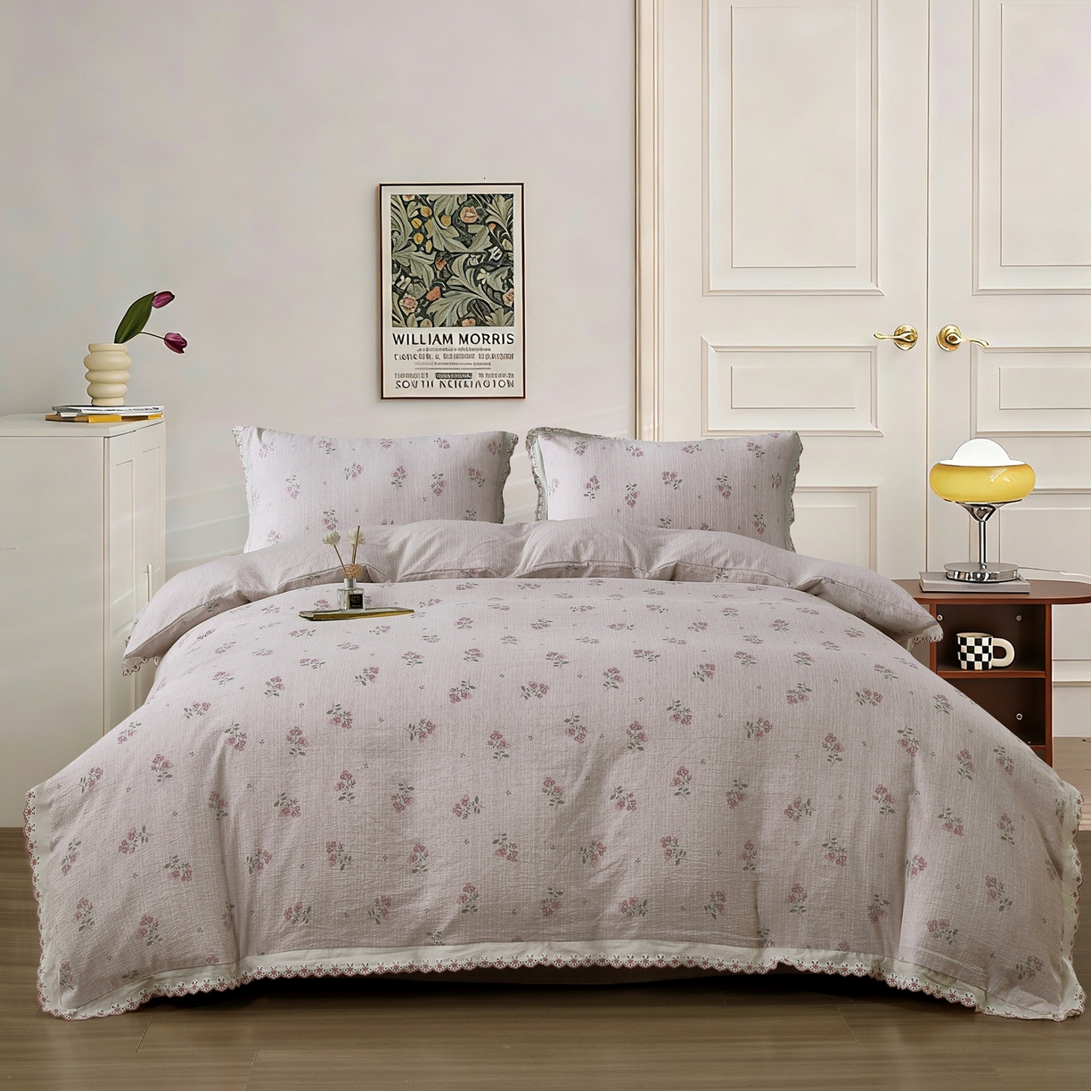 恋之语 2026新款全棉花边色织水洗棉花边四件套 粉雾小花