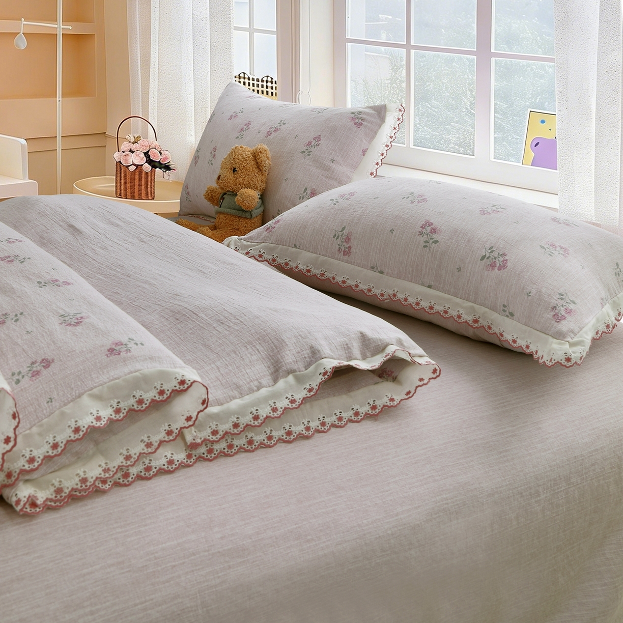 91家纺网 家纺一手货源 找家纺 恋之语 2026新款全棉花边色织水洗棉花边四件套 粉雾小花