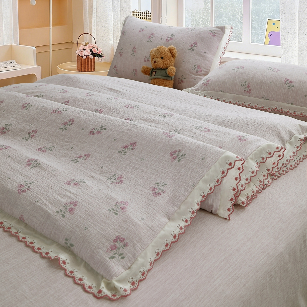 91家纺网 家纺一手货源 找家纺 恋之语 2026新款全棉花边色织水洗棉花边四件套 粉雾小花