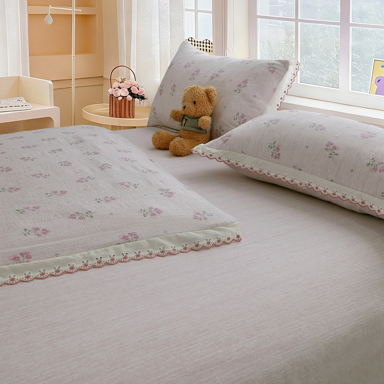 91家纺网 家纺一手货源 找家纺 恋之语 2026新款全棉花边色织水洗棉花边四件套 粉雾小花