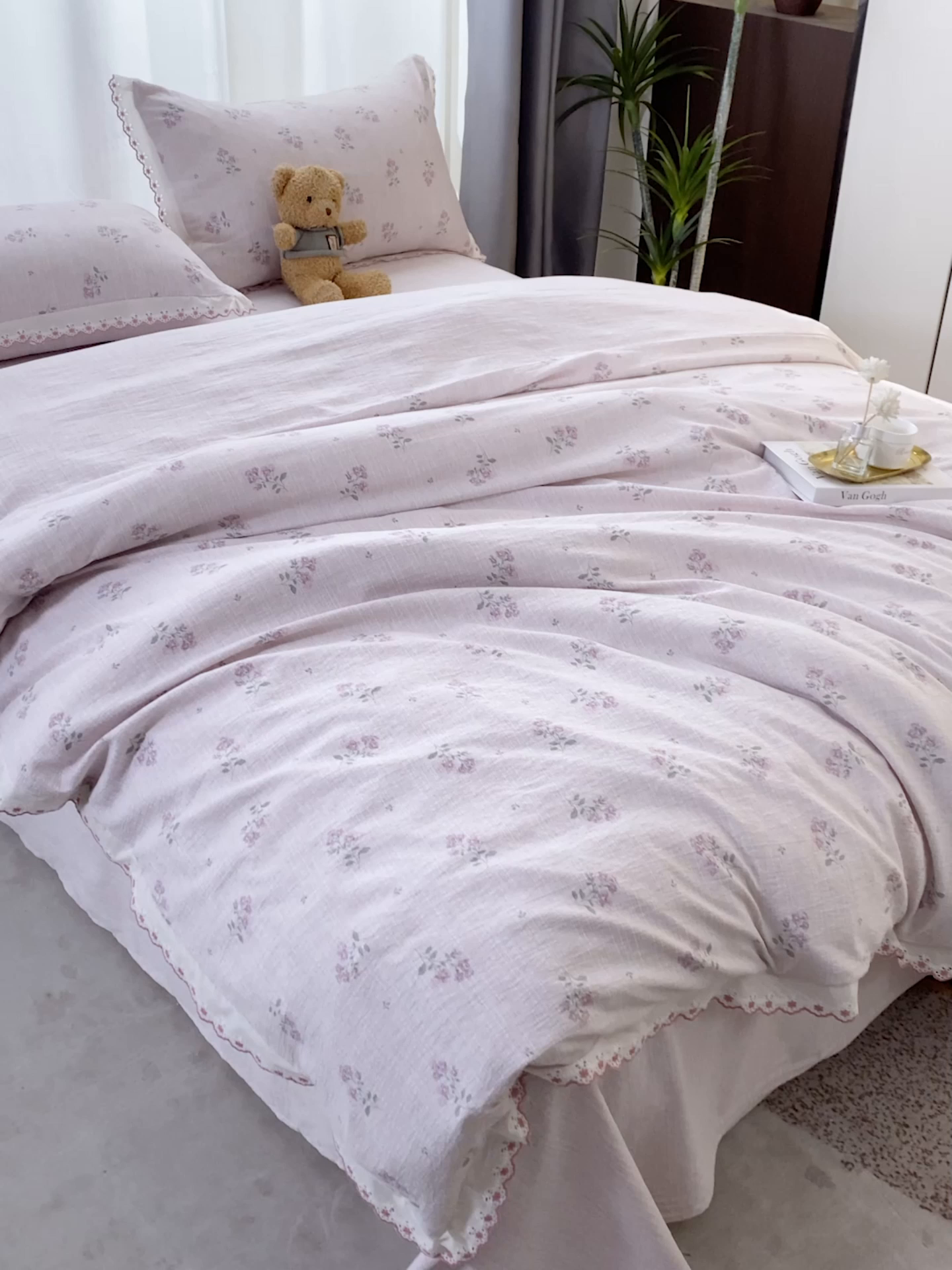 91家纺网 家纺一手货源 找家纺 恋之语 2026新款全棉花边色织水洗棉花边四件套 粉雾小花