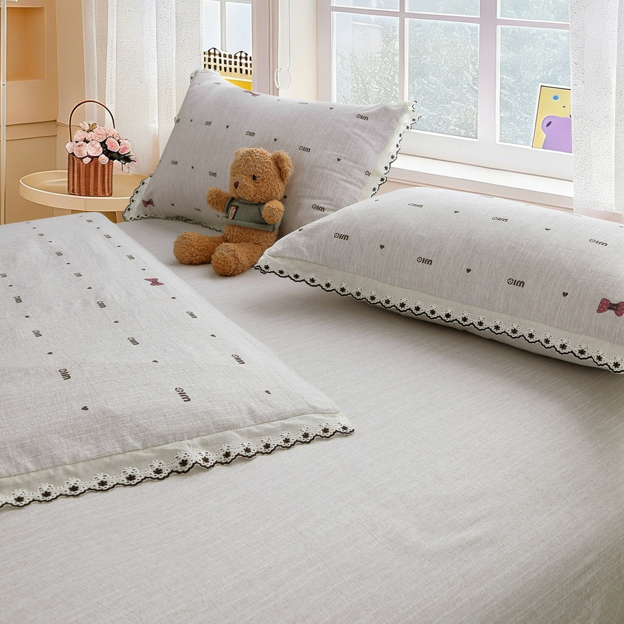 91家纺网 家纺一手货源 找家纺 恋之语 2026新款全棉花边色织水洗棉花边四件套 粉心领结