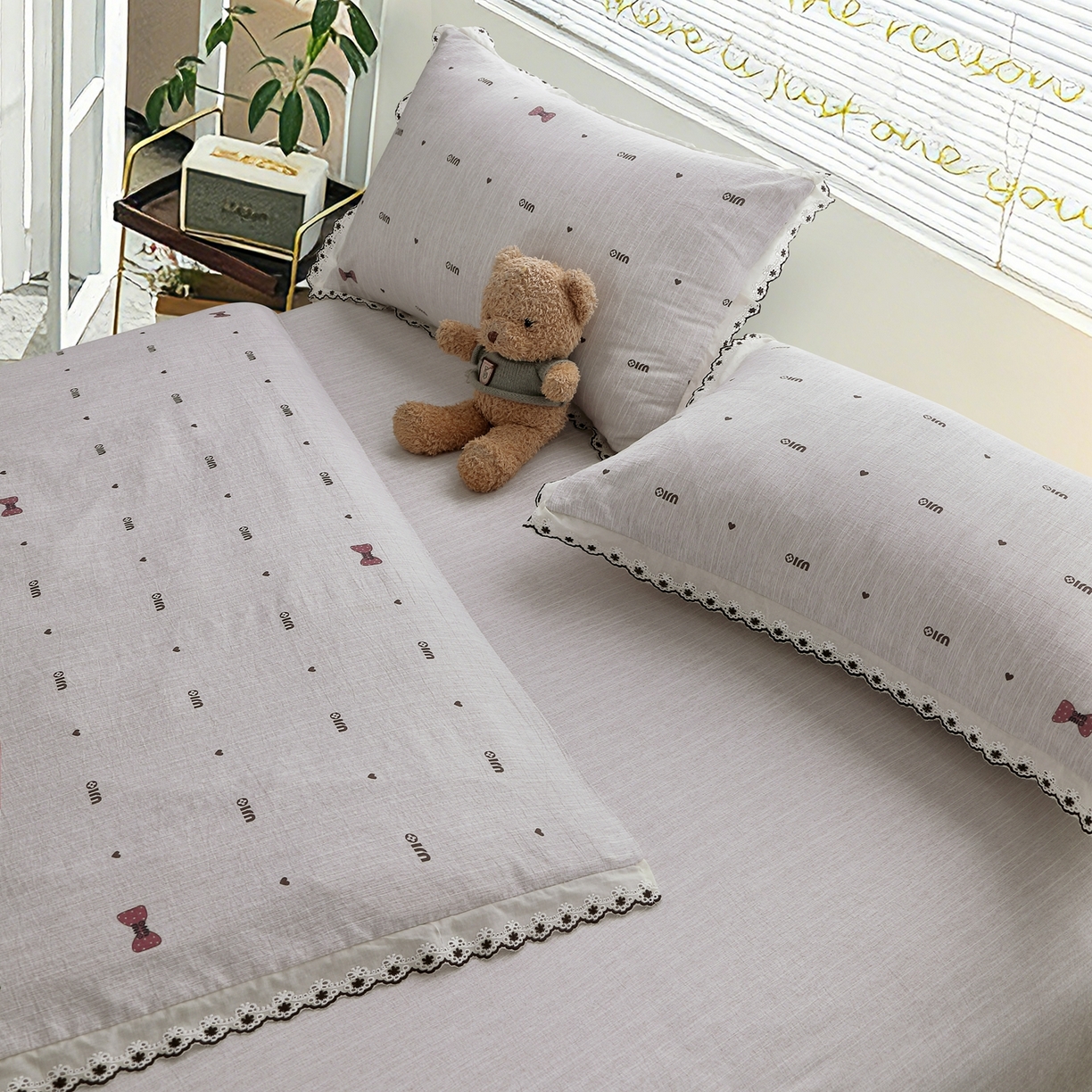 91家纺网 家纺一手货源 找家纺 恋之语 2026新款全棉花边色织水洗棉花边四件套 粉心领结