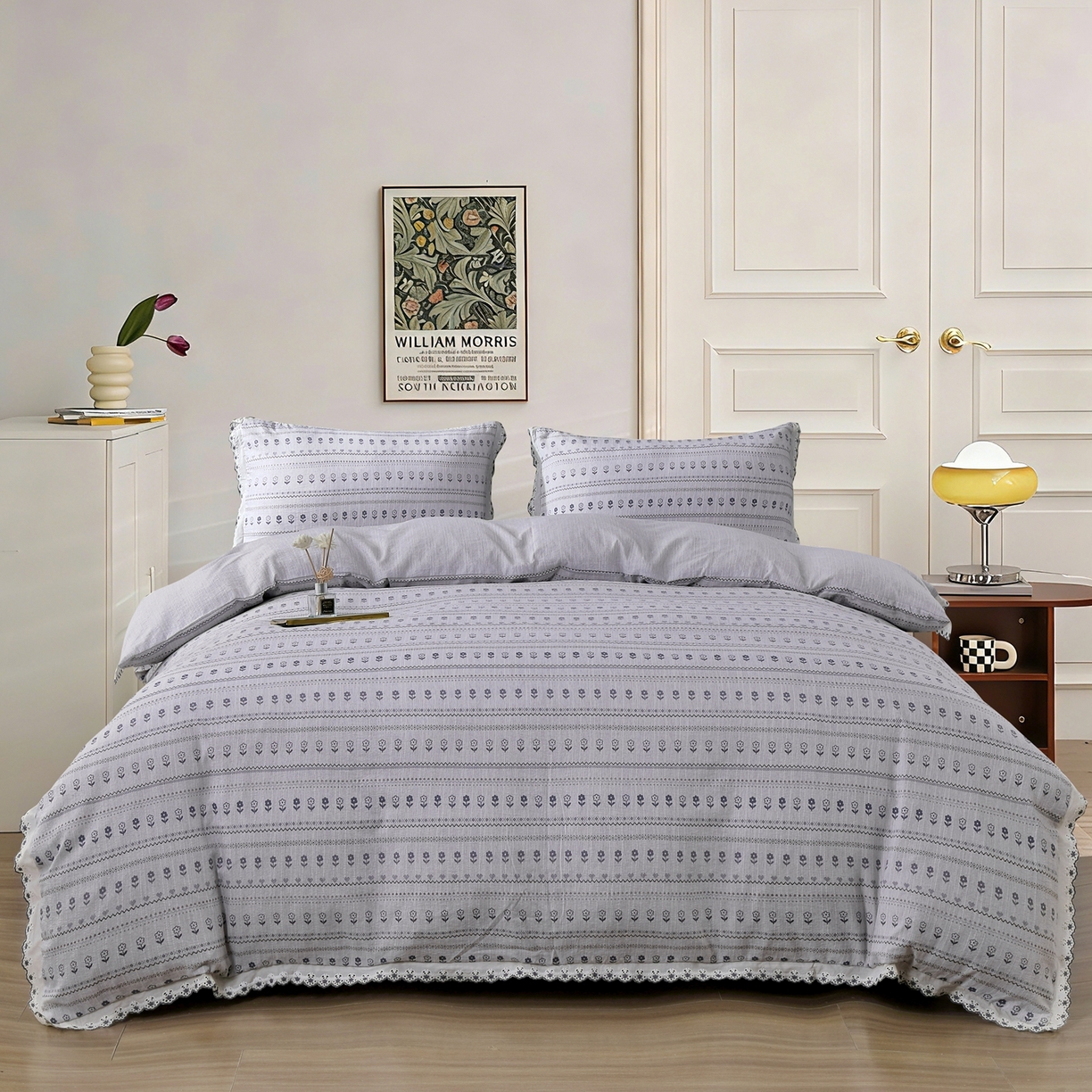 恋之语 2026新款全棉花边色织水洗棉花边四件套 灰调条纹